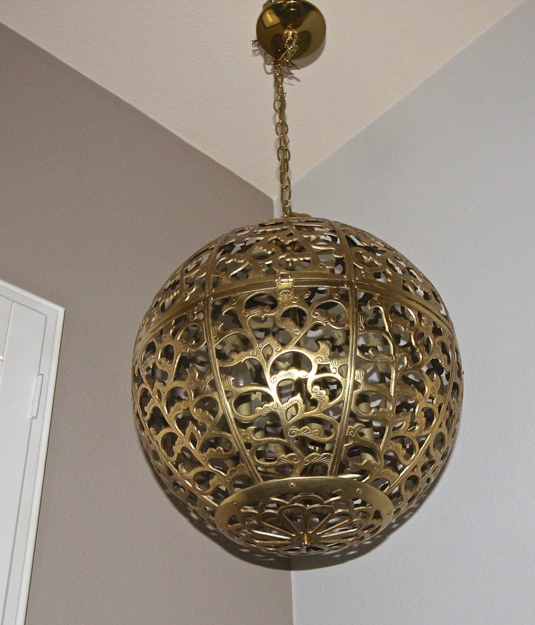 Large Pierced Filigree Brass Japanese Asian Pendant Chandelier Light at