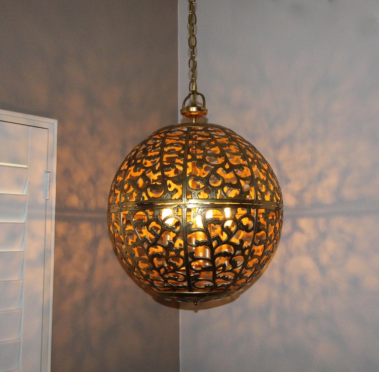 Large Pierced Filigree Brass Japanese Asian Pendant Chandelier Light at