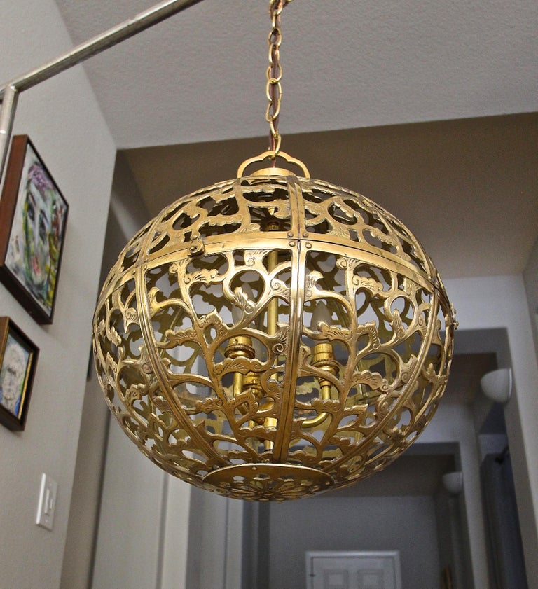 Large Pierced Filigree Brass Japanese Asian Pendant Chandelier Light