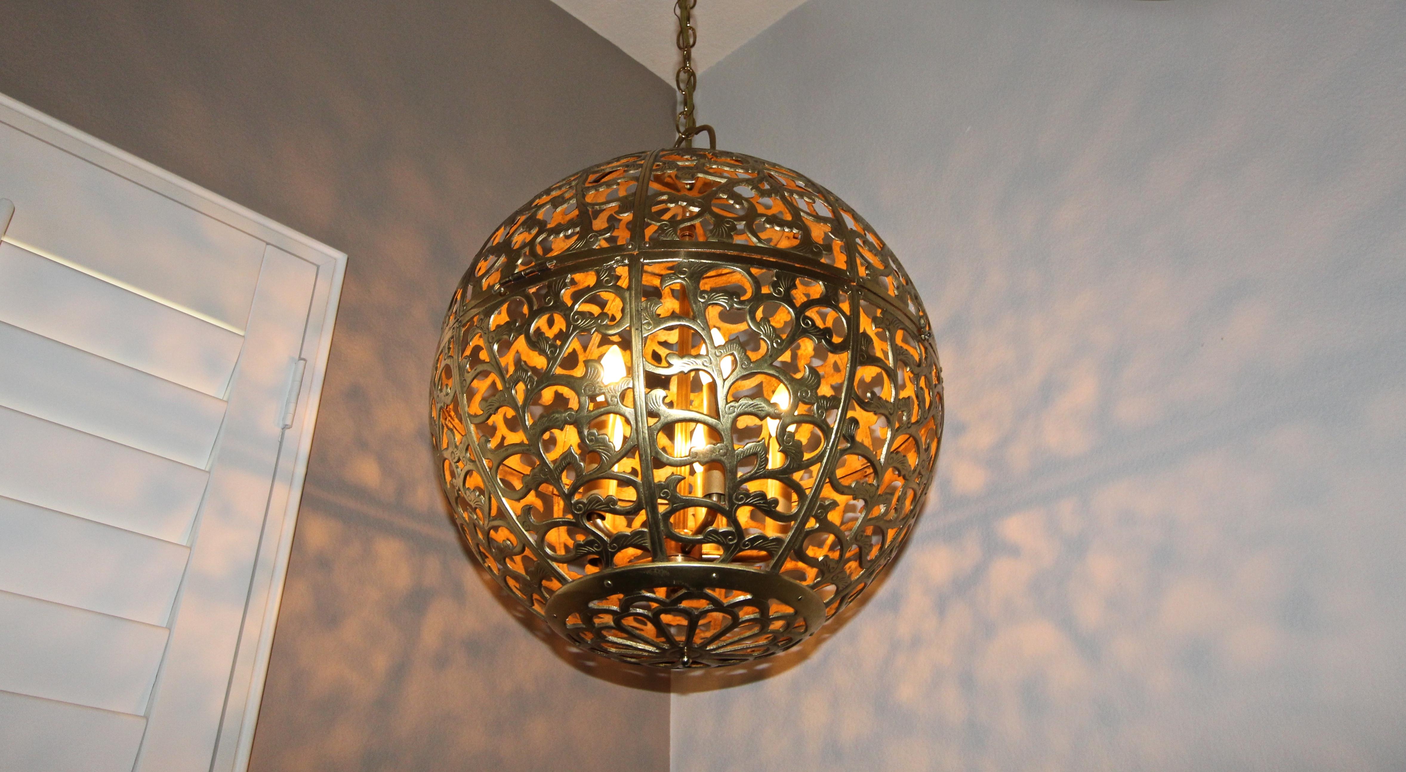 Large Pierced Filigree Brass Japanese Asian Pendant Chandelier Light In Good Condition In Palm Springs, CA