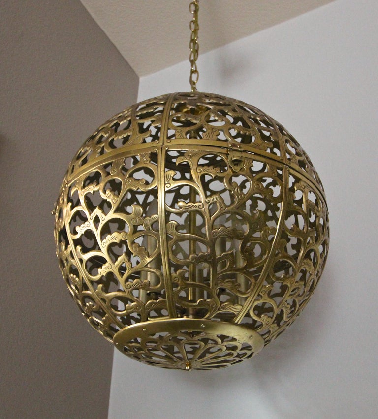 Large Pierced Filigree Brass Japanese Asian Pendant Chandelier Light at