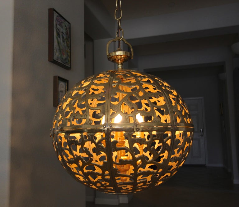 Large Pierced Filigree Brass Japanese Asian Pendant Chandelier Light at