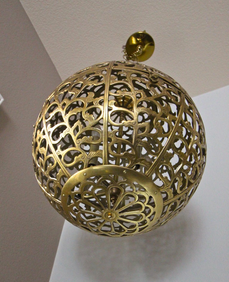 Large Pierced Filigree Brass Japanese Asian Pendant Chandelier Light at