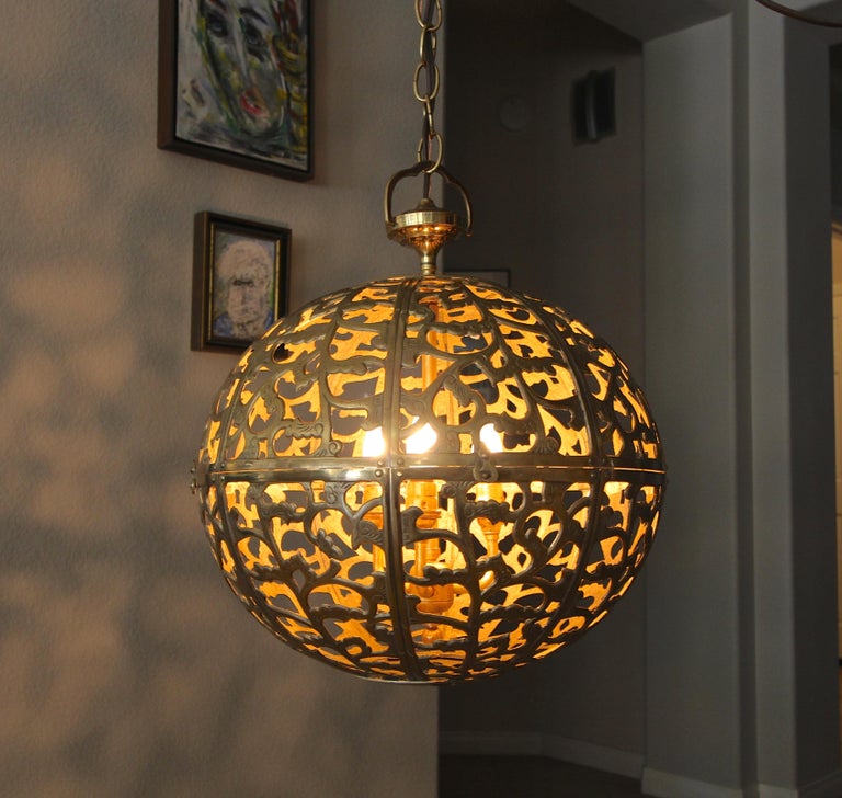 Large Pierced Filigree Brass Japanese Asian Pendant Chandelier Light at