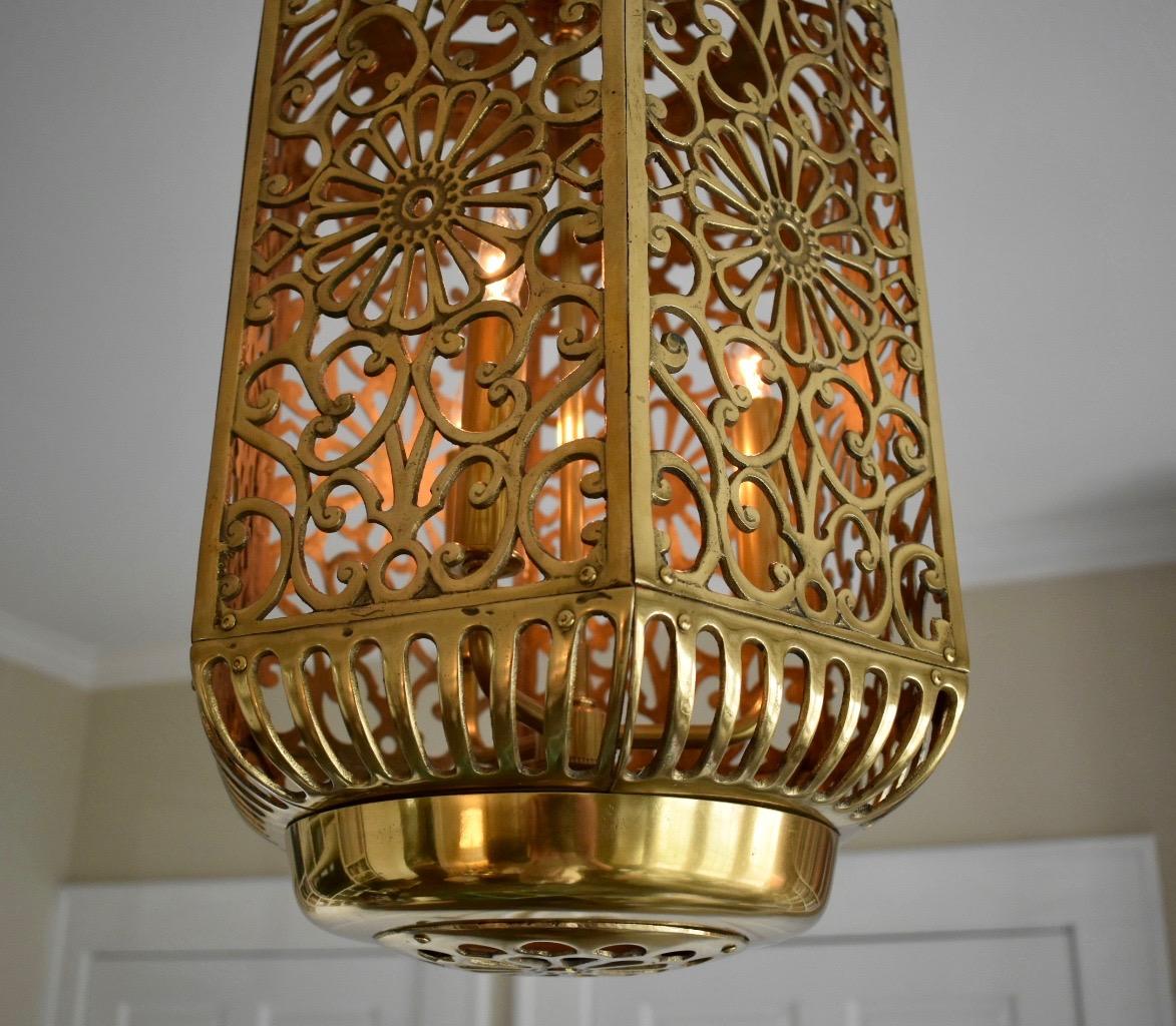 Large Pierced Karakusa Brass Japanese Asian Ceiling Pendant Light For Sale 5