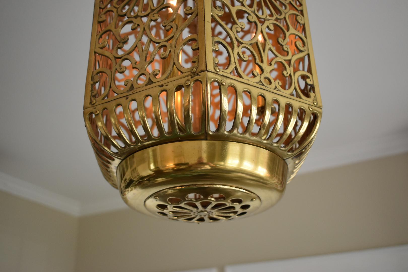 Large Pierced Karakusa Brass Japanese Asian Ceiling Pendant Light For Sale 6