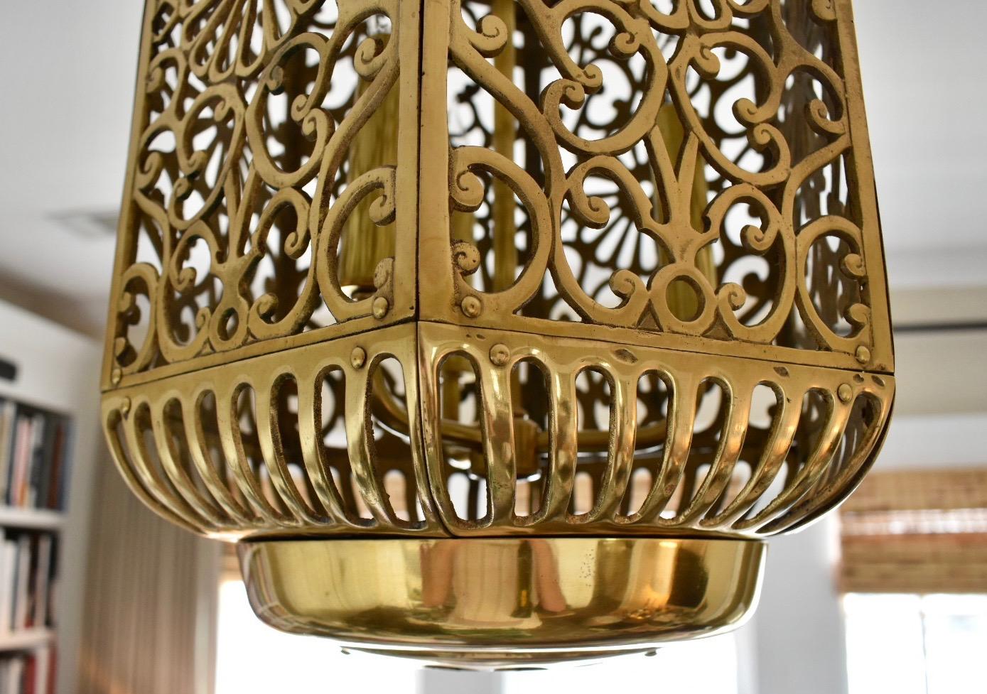 Large Pierced Karakusa Brass Japanese Asian Ceiling Pendant Light For Sale 7