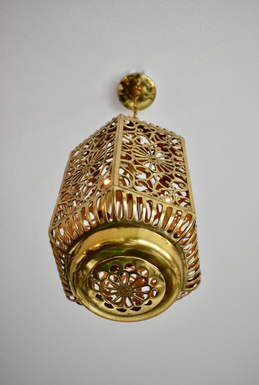Lacquered Large Pierced Karakusa Brass Japanese Asian Ceiling Pendant Light For Sale