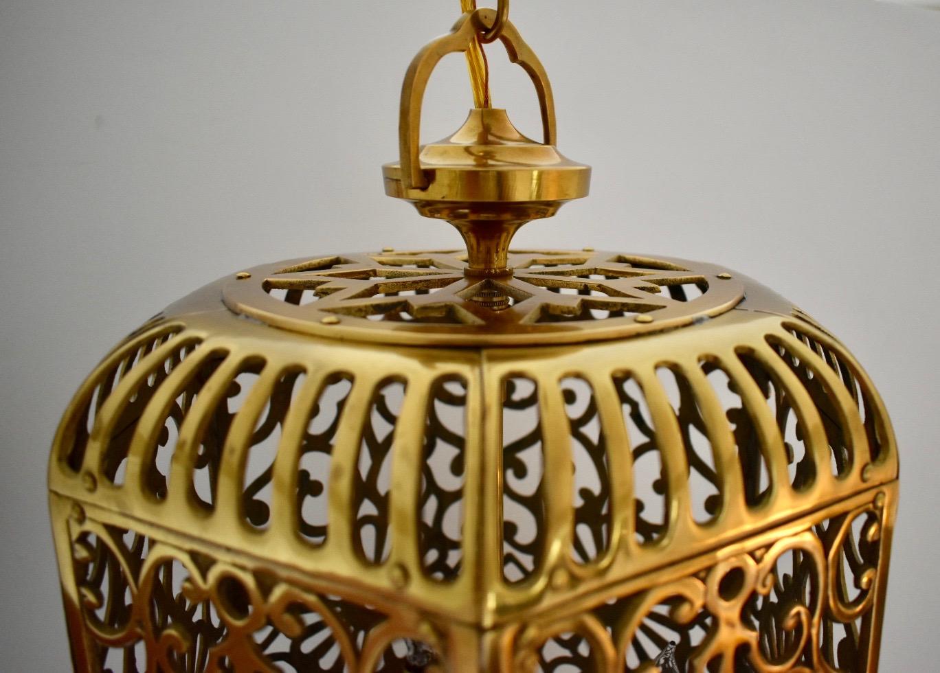 Mid-20th Century Large Pierced Karakusa Brass Japanese Asian Ceiling Pendant Light For Sale