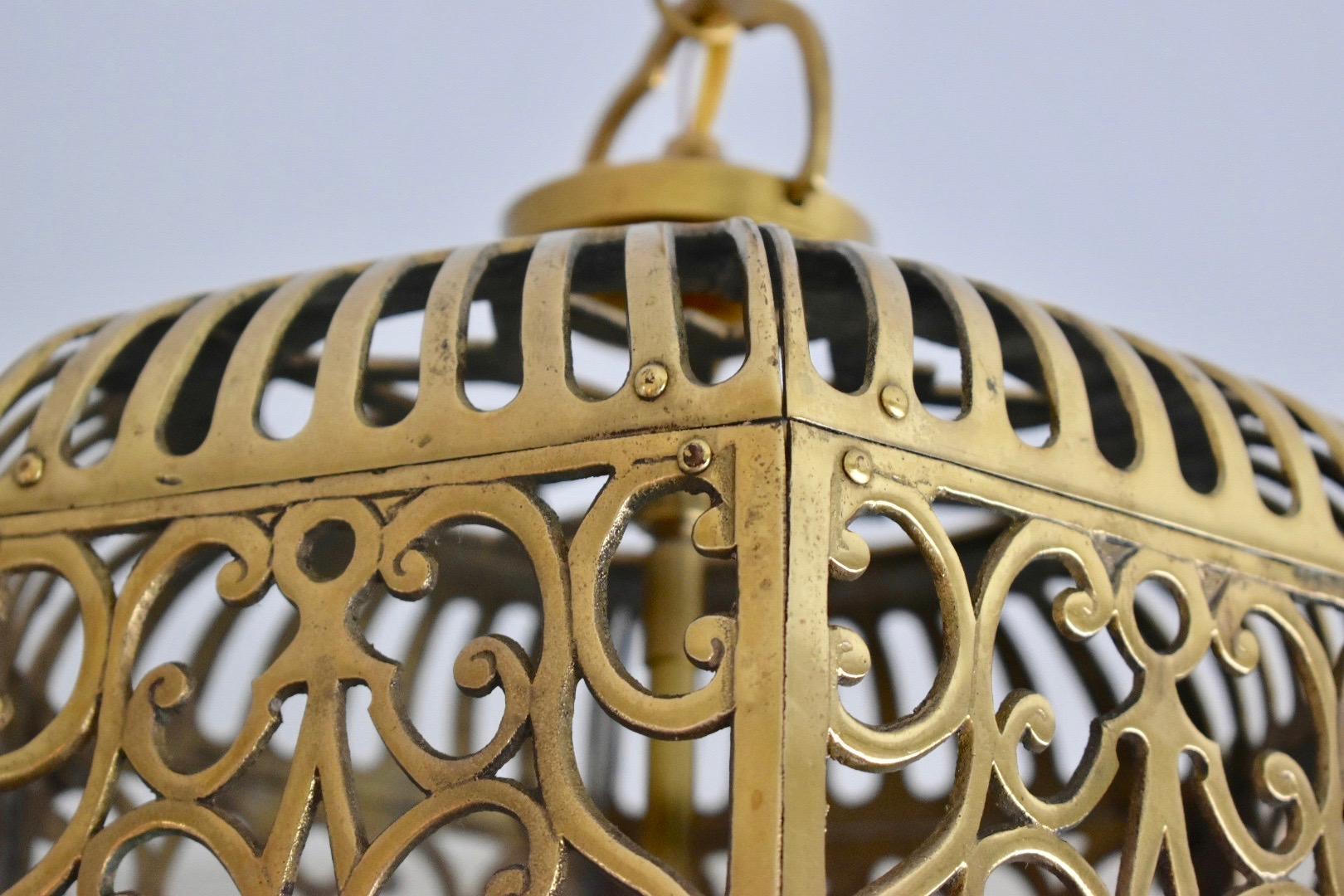 Large Pierced Karakusa Brass Japanese Asian Ceiling Pendant Light For Sale 1