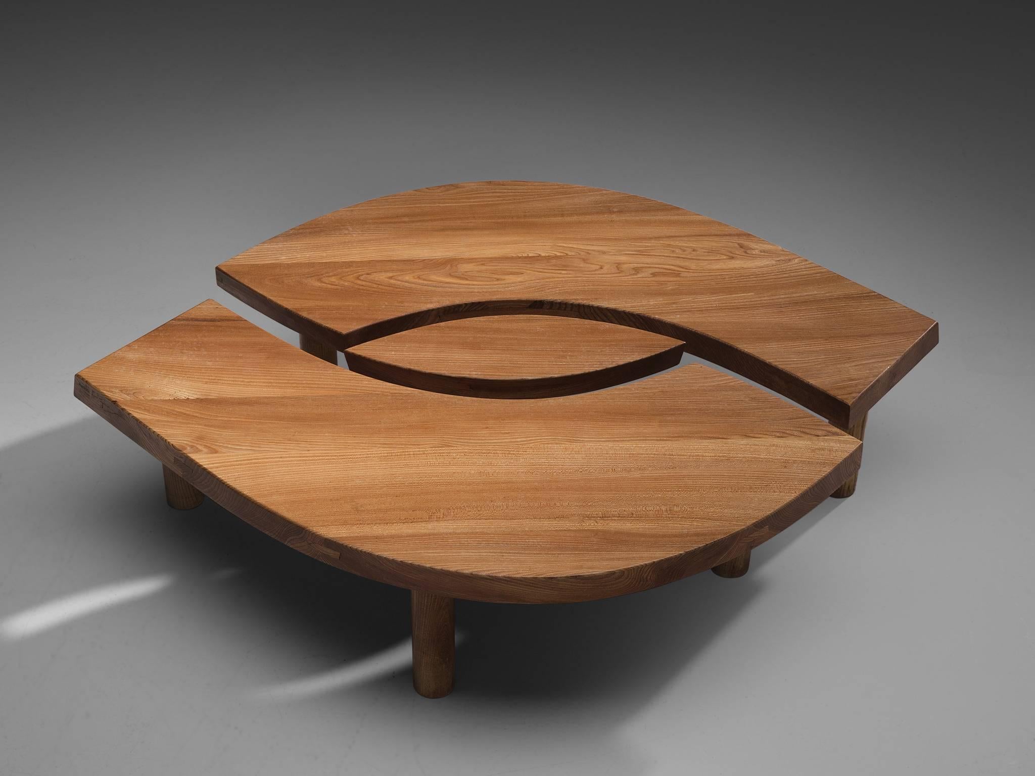 French Large Coffee Table 'L'oeuil' in Solid Elm