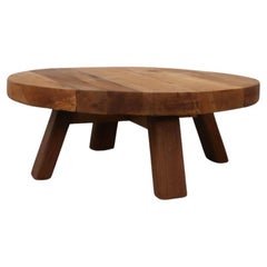 Large Pierre Chapo Inspired Brutalist Round Oak Coffee Table