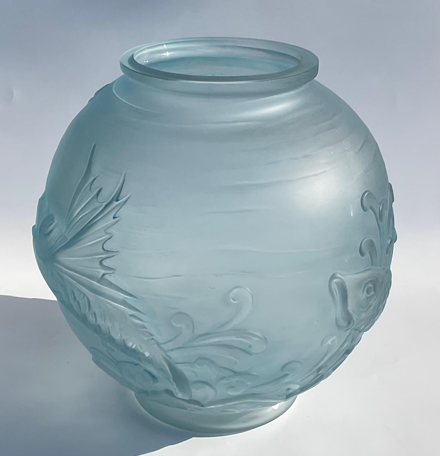 Art Glass Large Pierre D’avesn Large French Art Deco Flying Fish Vase circa 1930s Blue For Sale