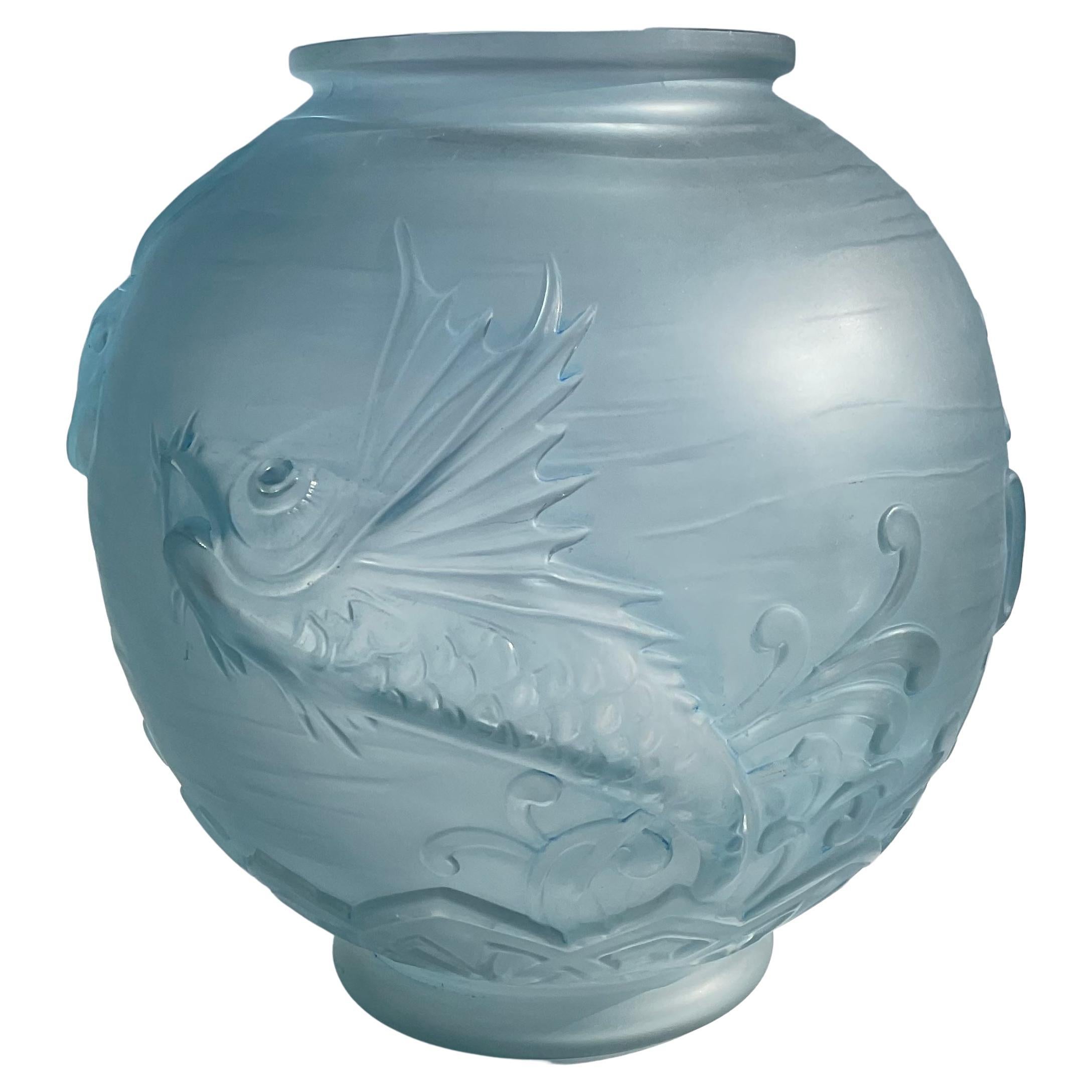 Large Pierre D’avesn Large French Art Deco Flying Fish Vase circa 1930s Blue For Sale