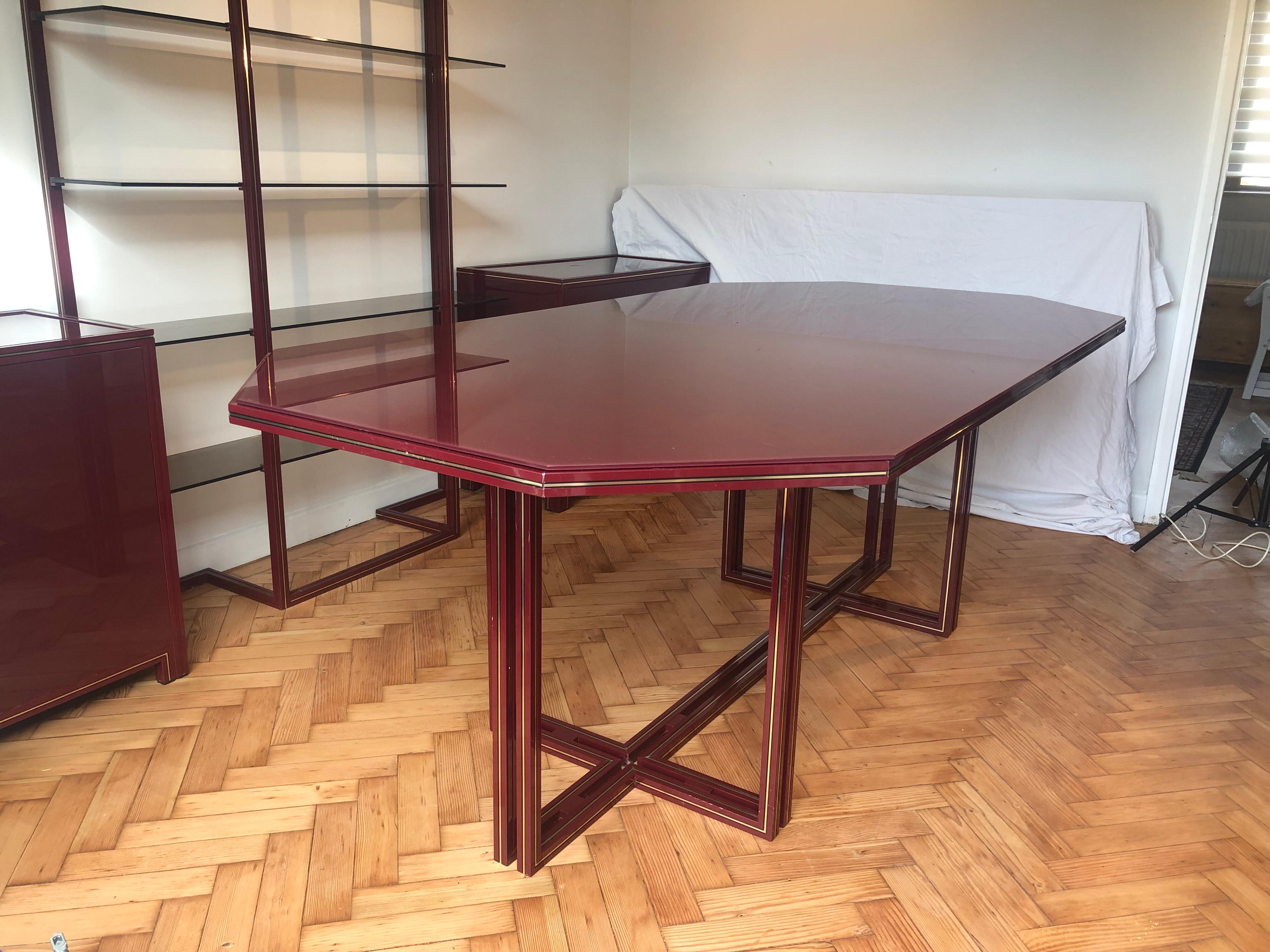 Hollywood Regency Large Pierre Vandel Burgundy Octagonal Dining Table Glass Vintage For Sale