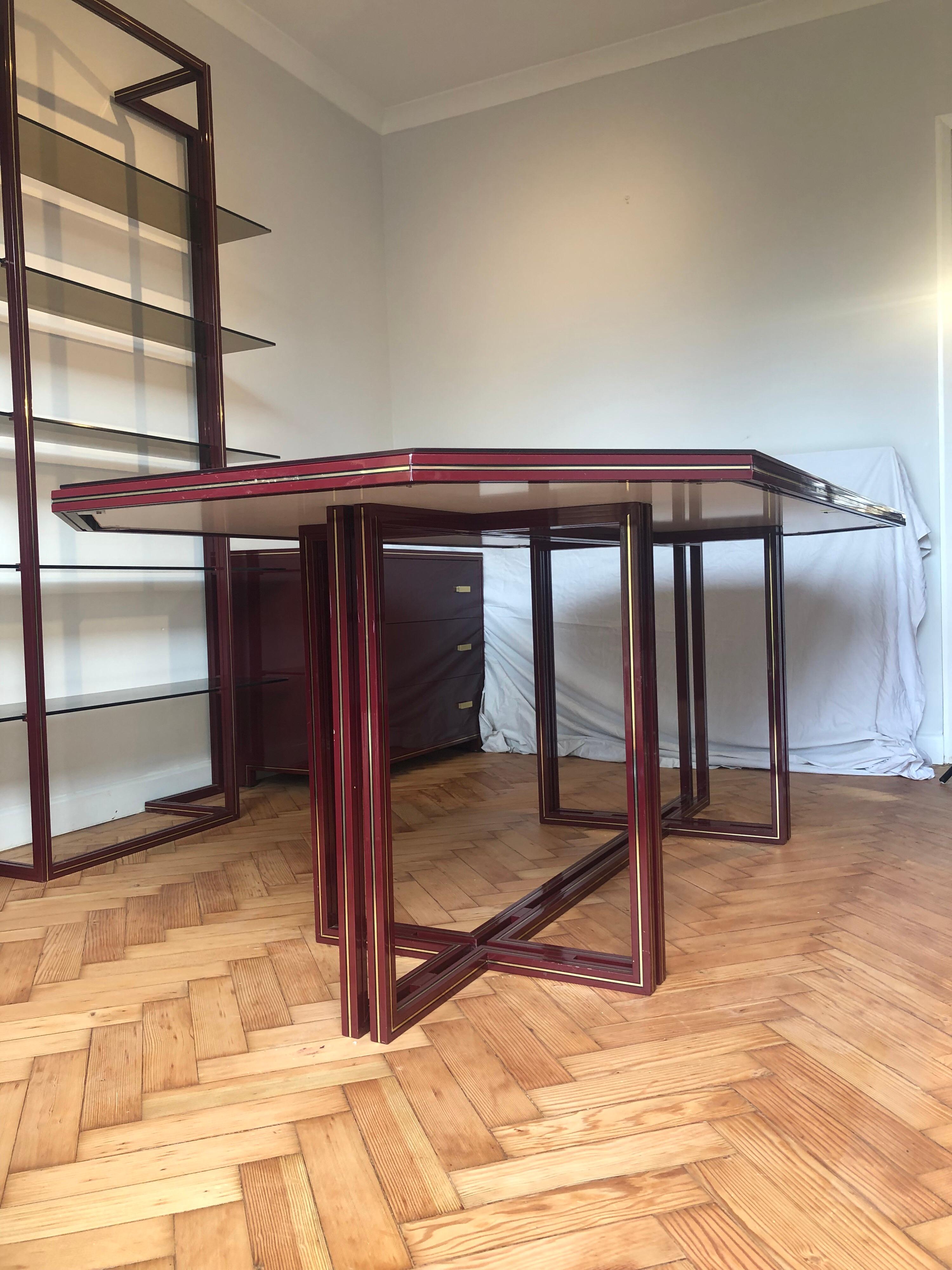 Large Pierre Vandel Burgundy Octagonal Dining Table Glass Vintage In Good Condition For Sale In London, GB