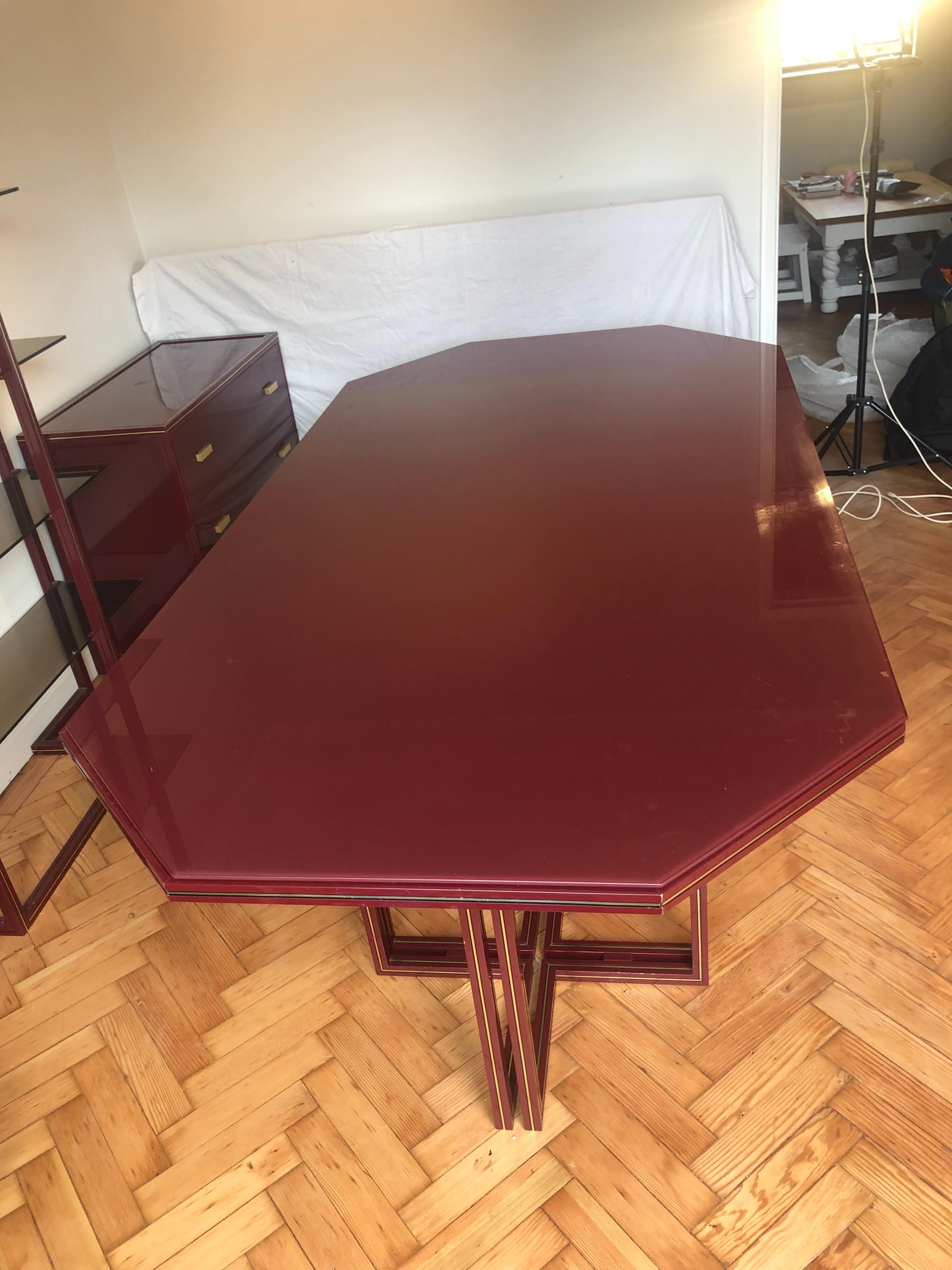 Late 20th Century Large Pierre Vandel Burgundy Octagonal Dining Table Glass Vintage For Sale