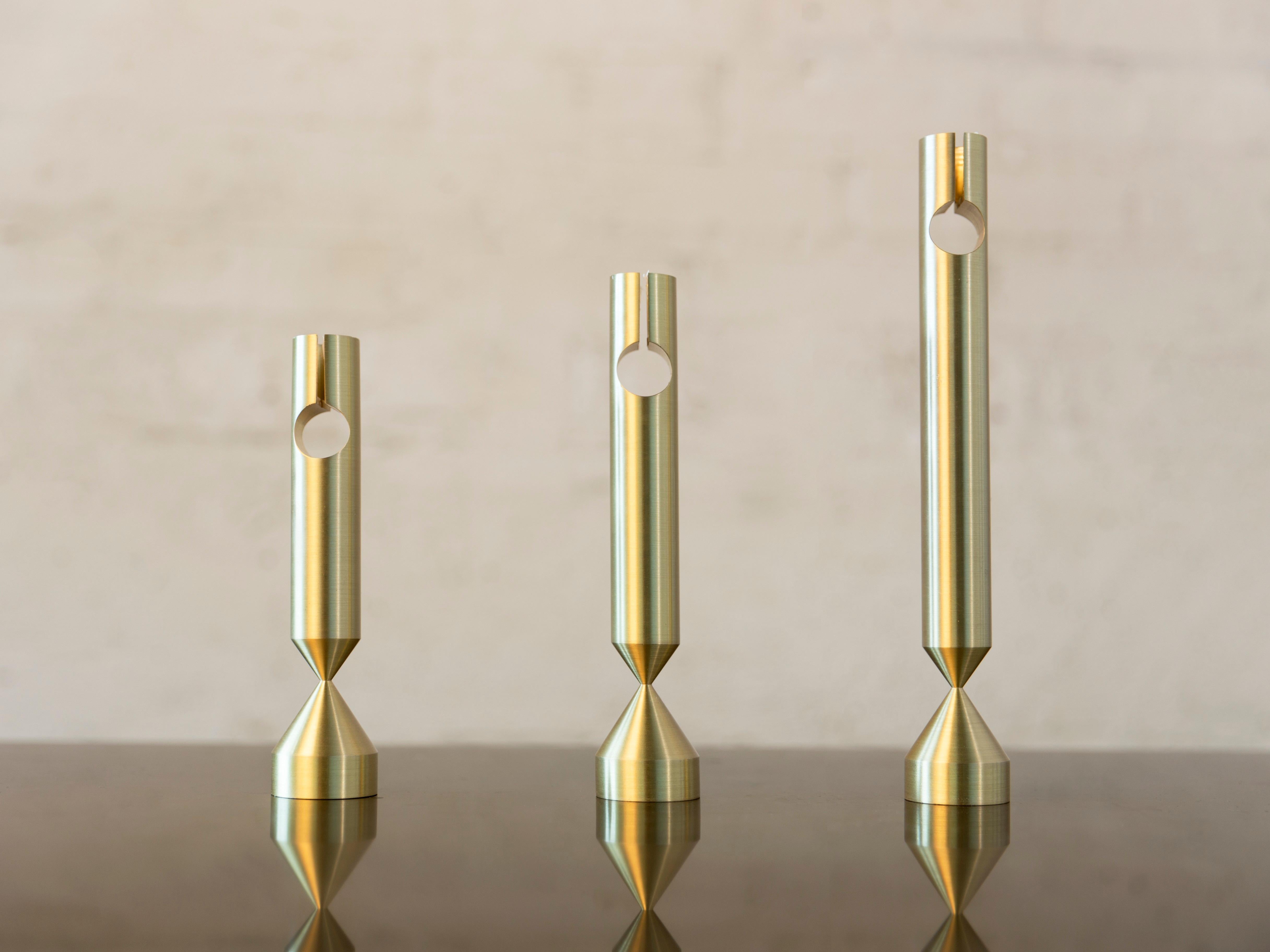 American Large Pillar Brass Candlestick by Gentner Design For Sale