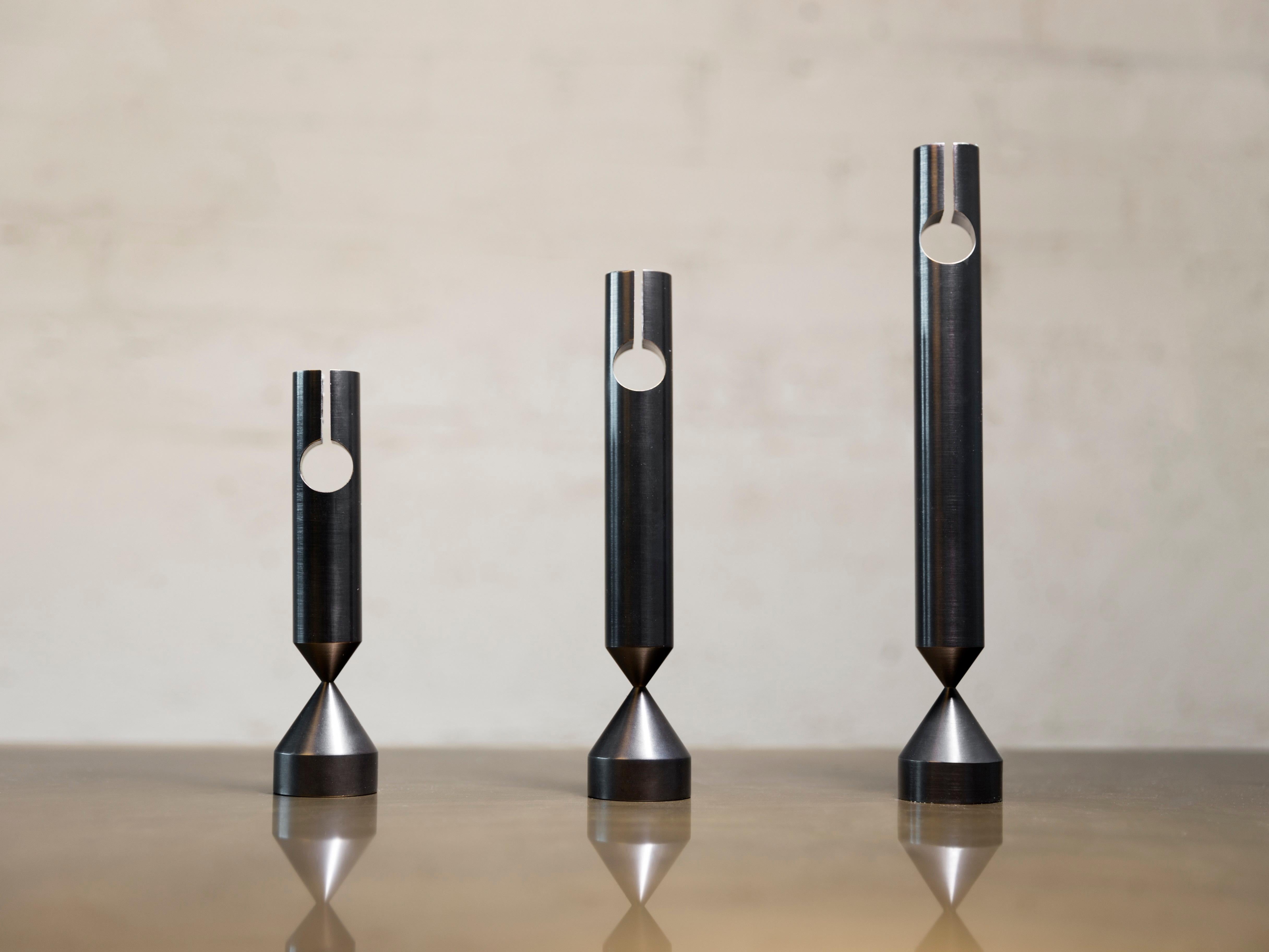 American Large Pillar Darkened Brass Candlestick by Gentner Design For Sale