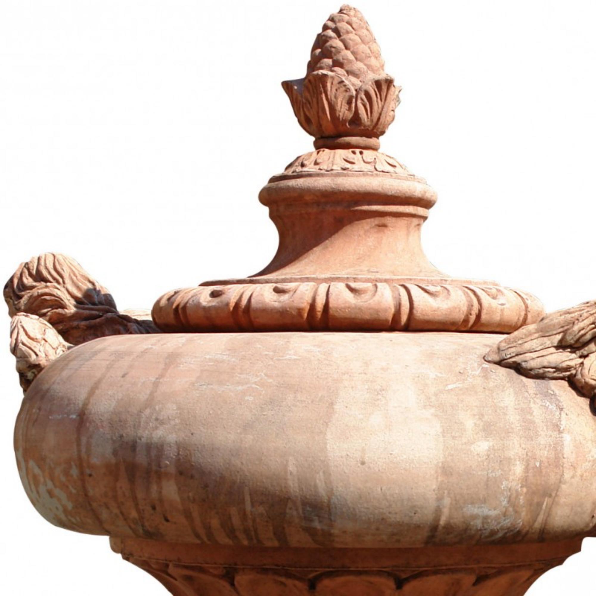 Hand-Crafted Large Pillar Vase with Angels Front Terracotta, Early 20th Century For Sale