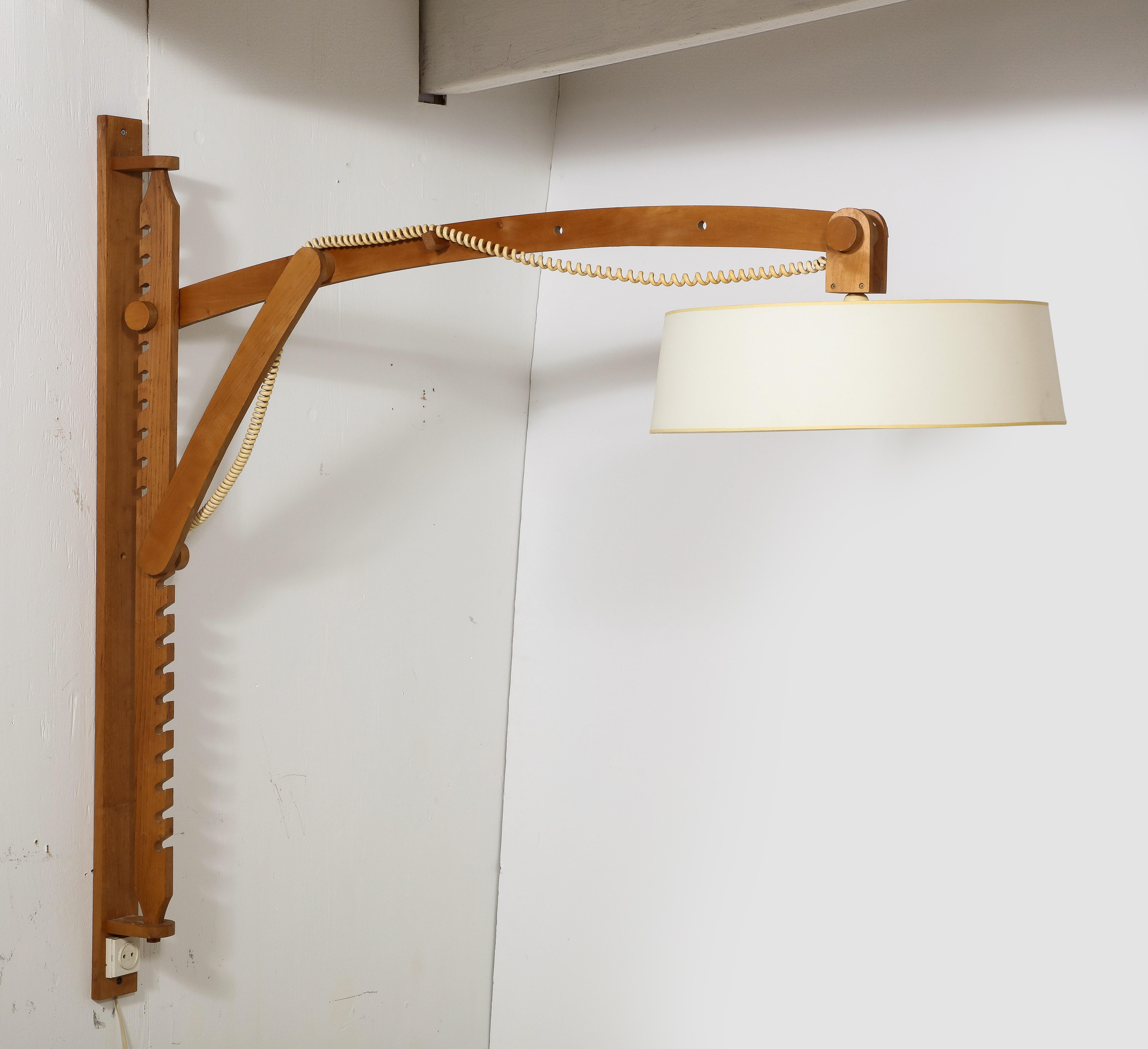 Large Pine Adjustable Swing Arm Sconce, France 1960's In Good Condition For Sale In New York, NY