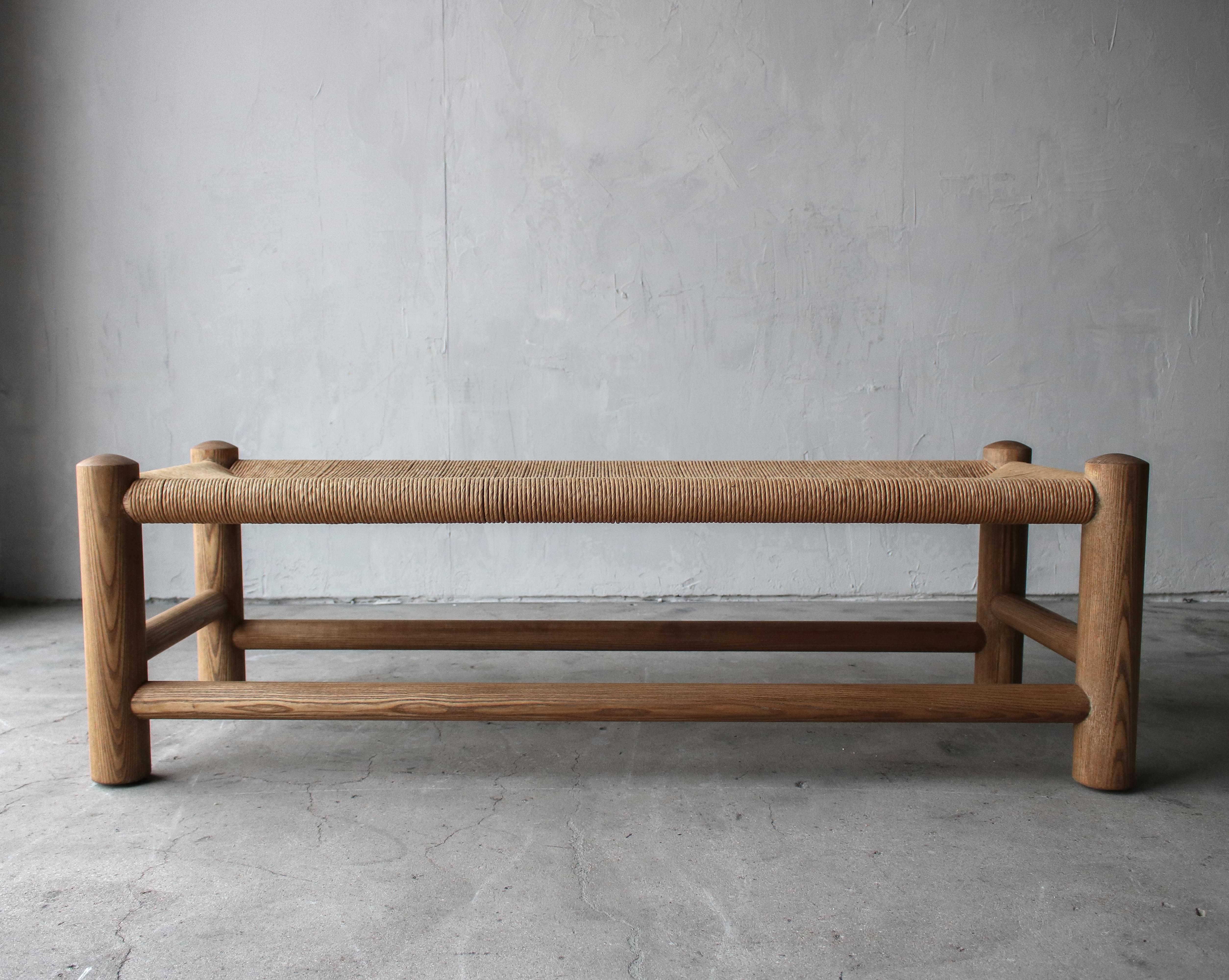 Arts and Crafts Large Pine and Rush Bench by Wim Den Boon