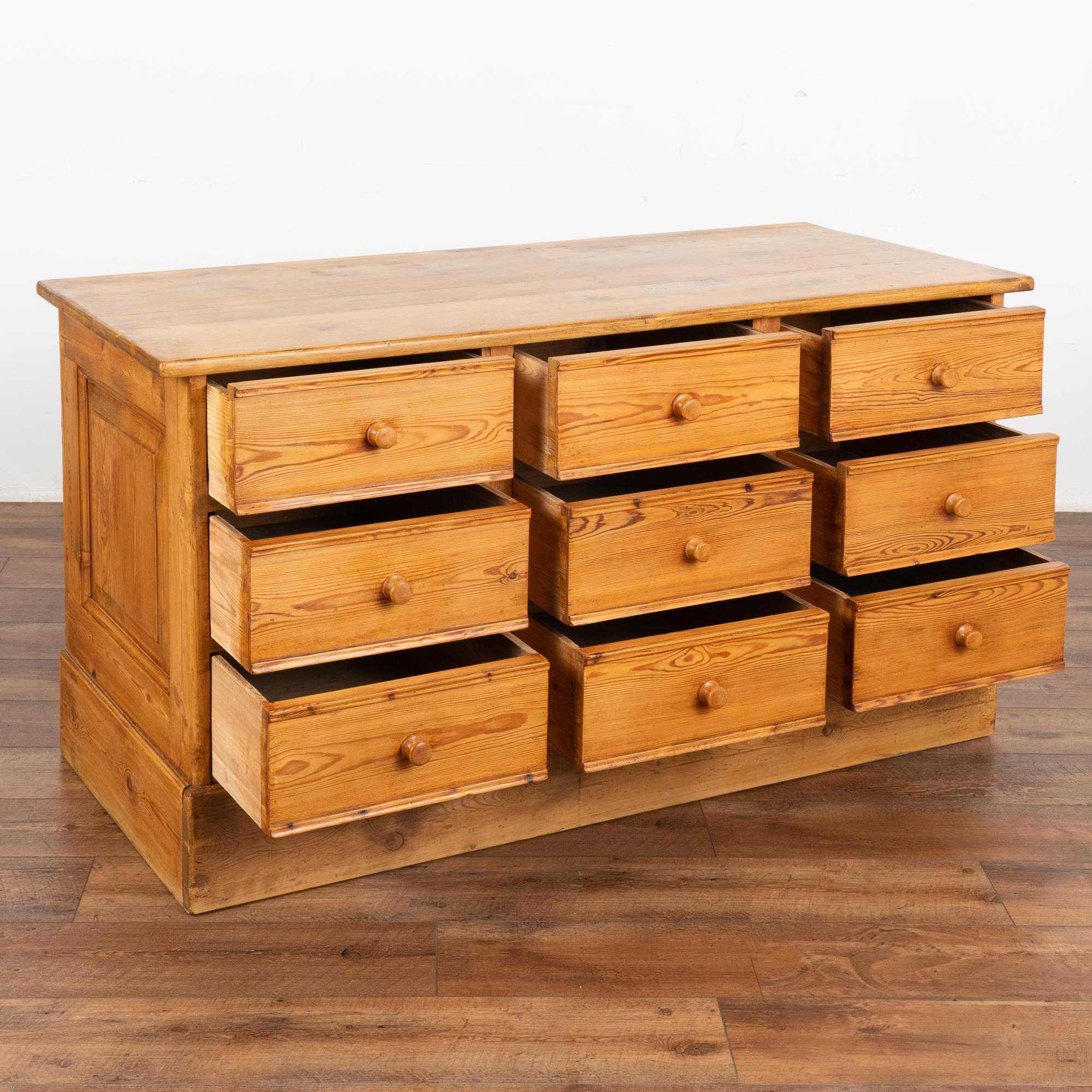 Country Large Pine Chest of 9 Drawers, Sideboard Console, Denmark circa 1880 For Sale