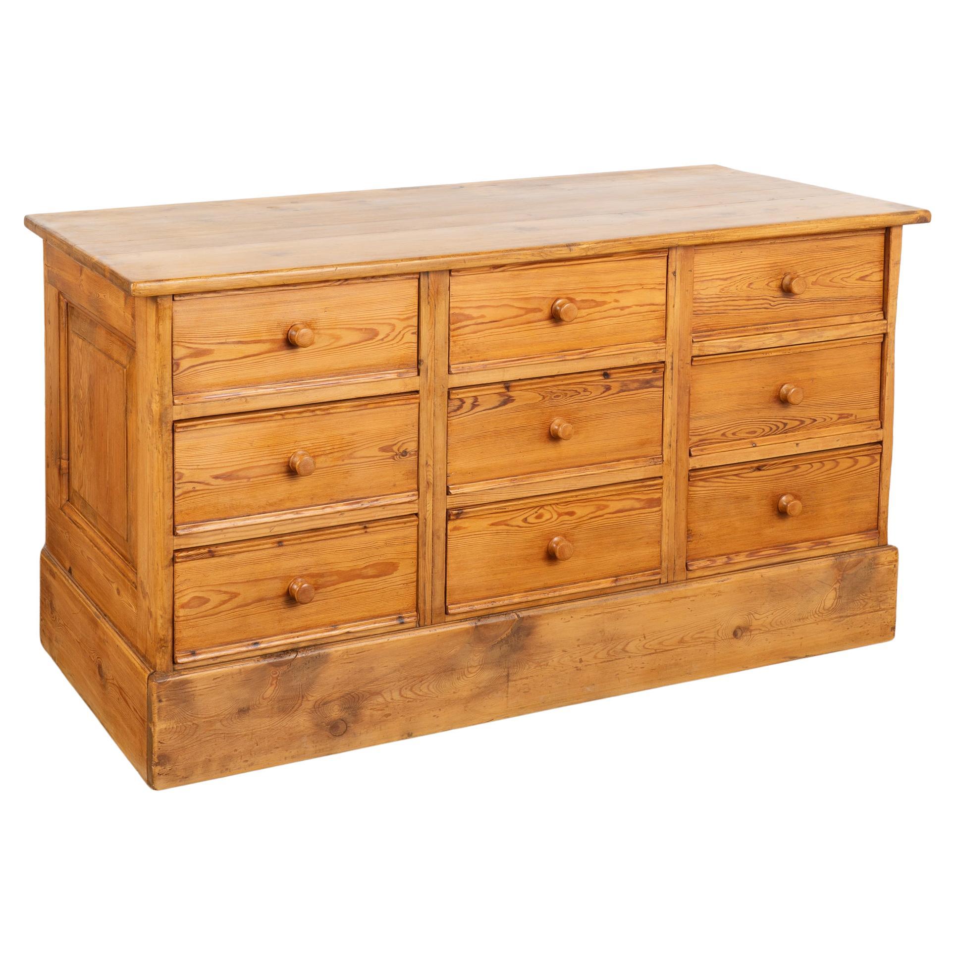 Large Pine Chest of 9 Drawers, Sideboard Console, Denmark circa 1880 For Sale