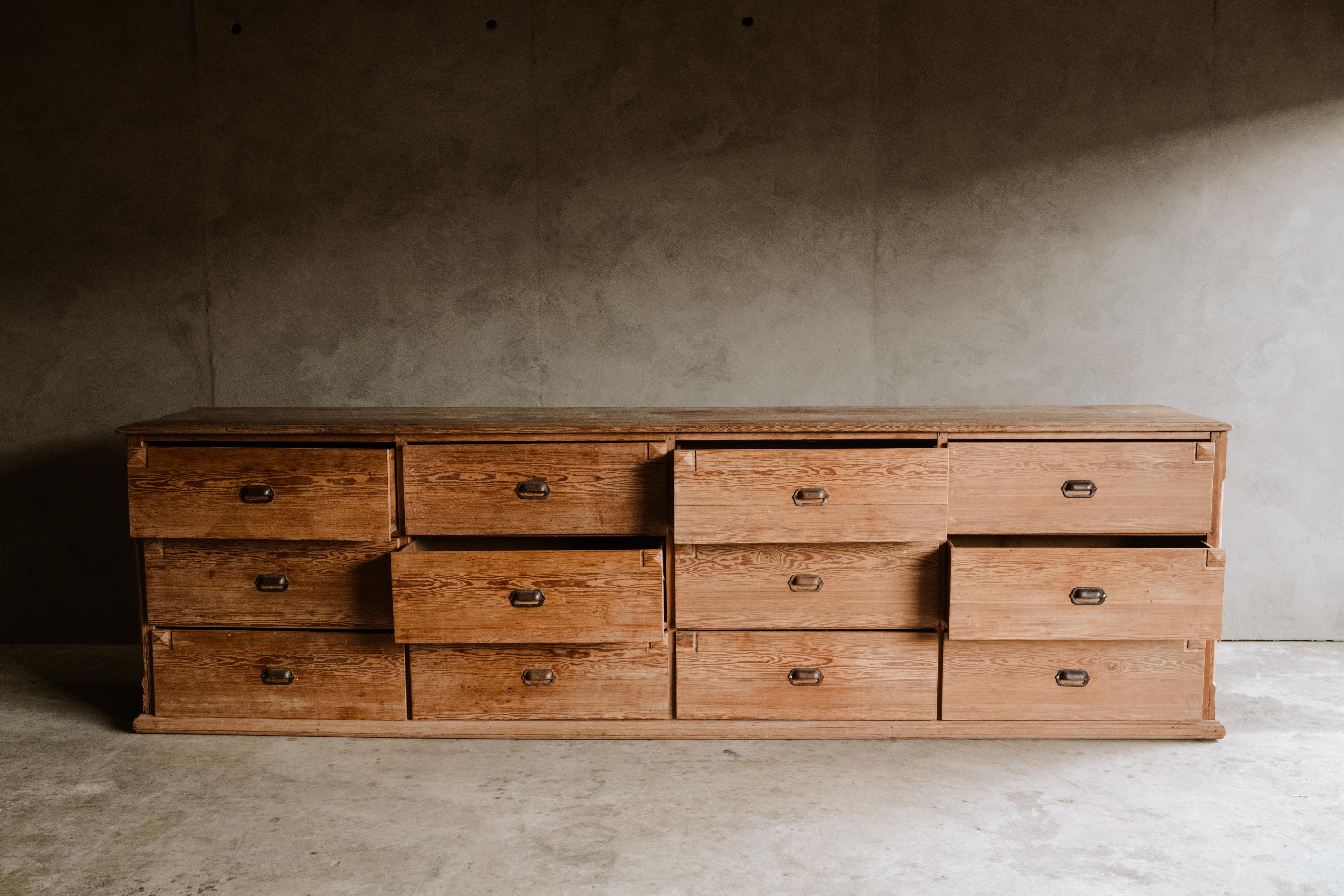 Large pine chest of drawers from France, Circa 1950. Solid oak construction with original hardware. Fantastic wear and patina.