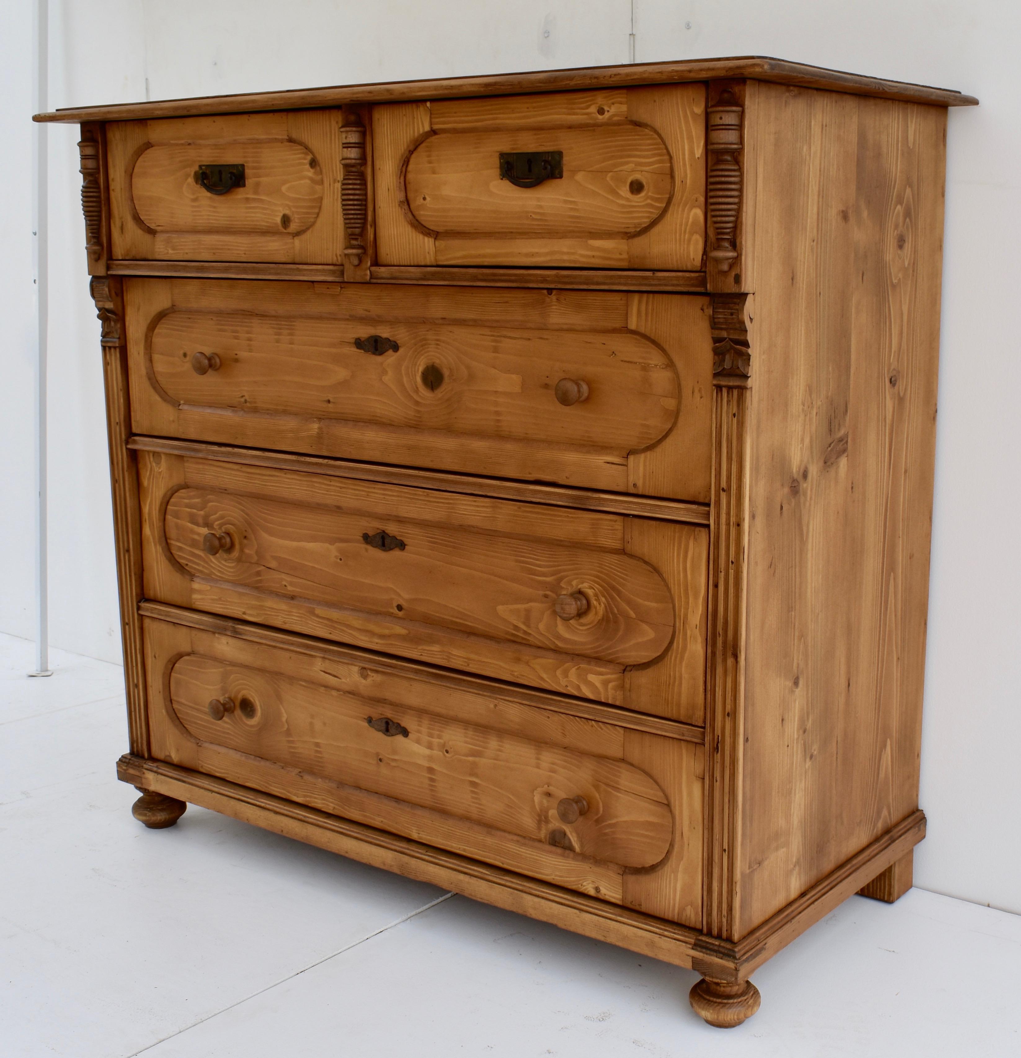 Polished Large Pine Chest of Five Drawers