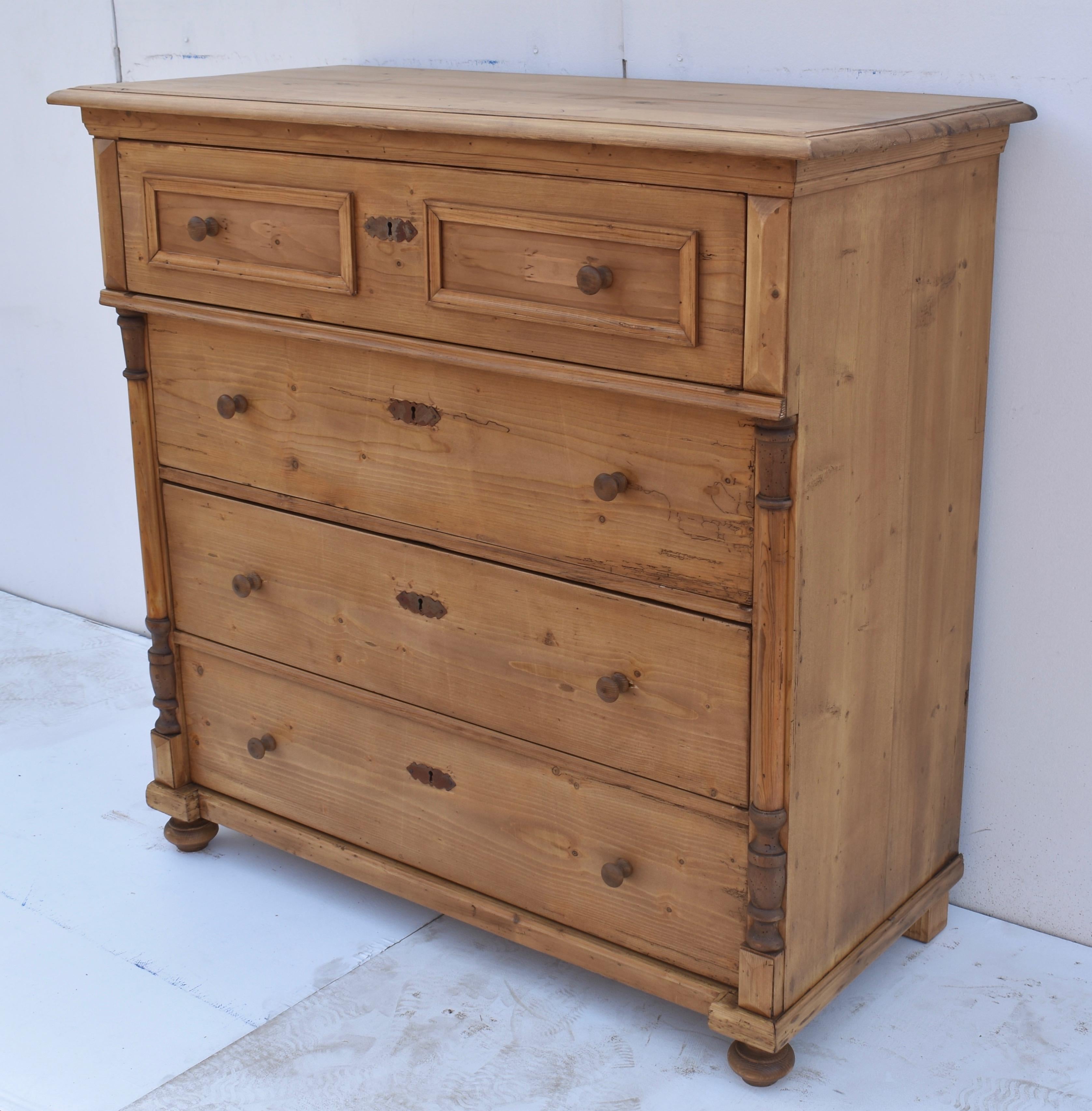 Polished Large Pine Chest of Four Drawers
