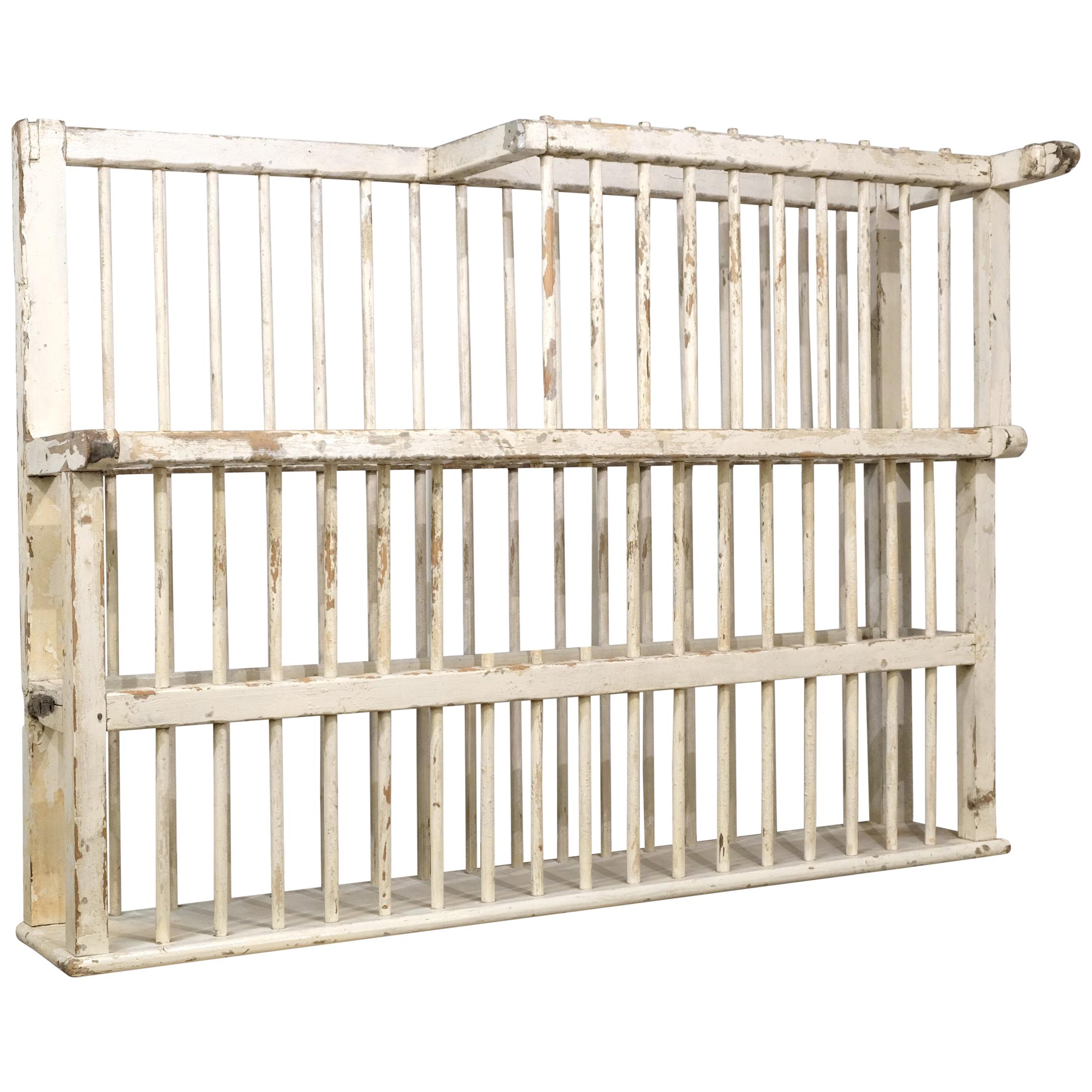 Large Pine Country House Open Dish-Rack, Distressed White Paint, 19th Century