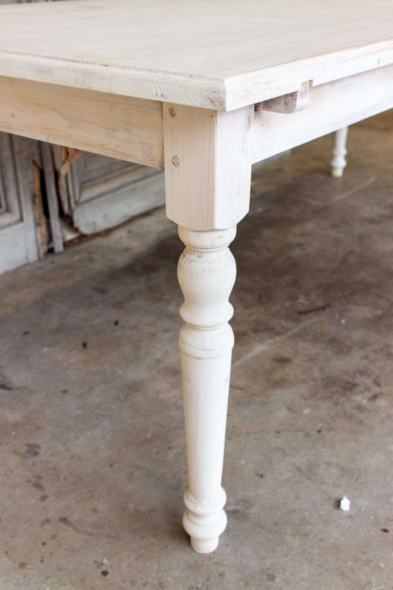 Large Pine Farm Table and Worktable with Drawer in Whitewash Painted Finish 6