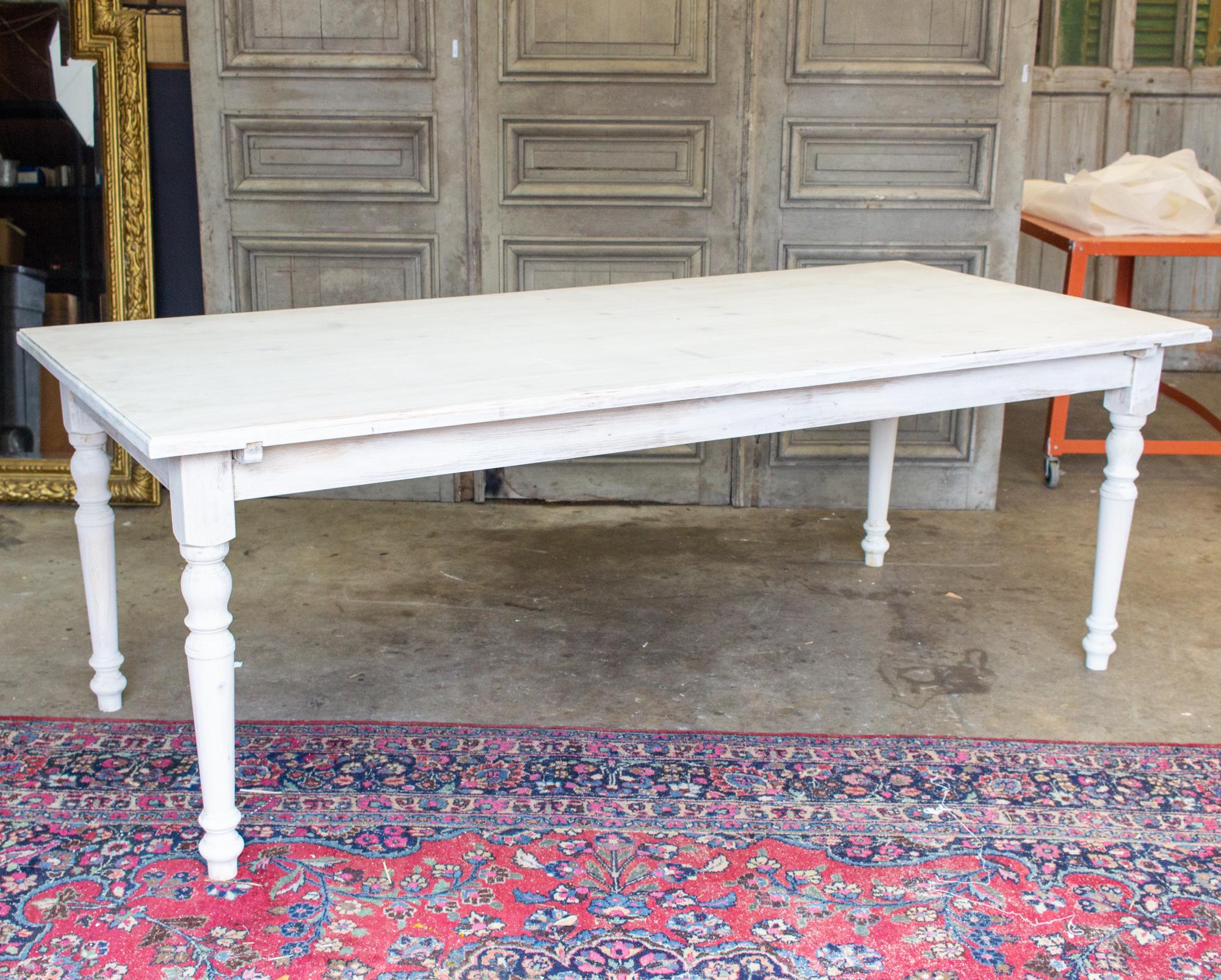 Large Pine Farm Table and Worktable with Drawer in Whitewash Painted Finish 13