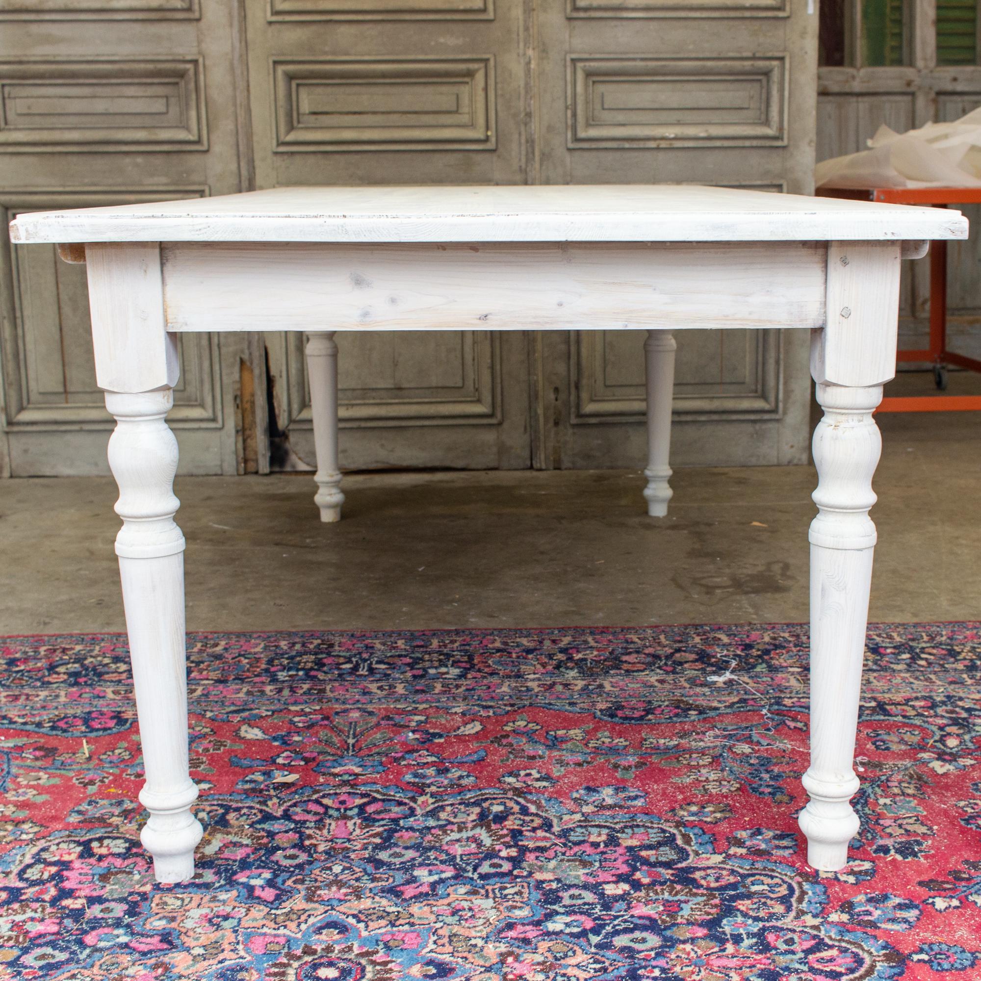 French Large Pine Farm Table and Worktable with Drawer in Whitewash Painted Finish