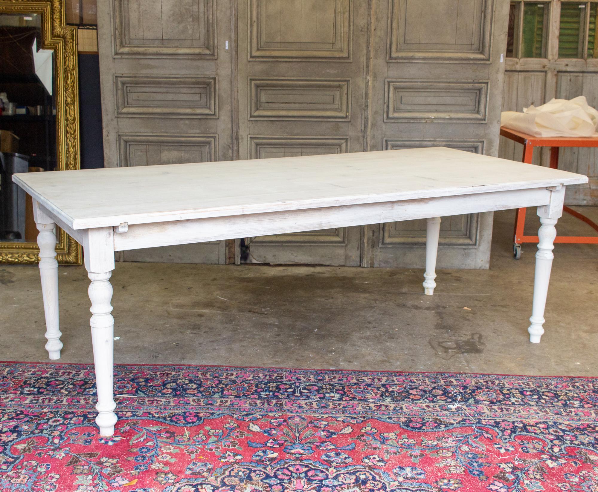 Hand-Painted Large Pine Farm Table and Worktable with Drawer in Whitewash Painted Finish