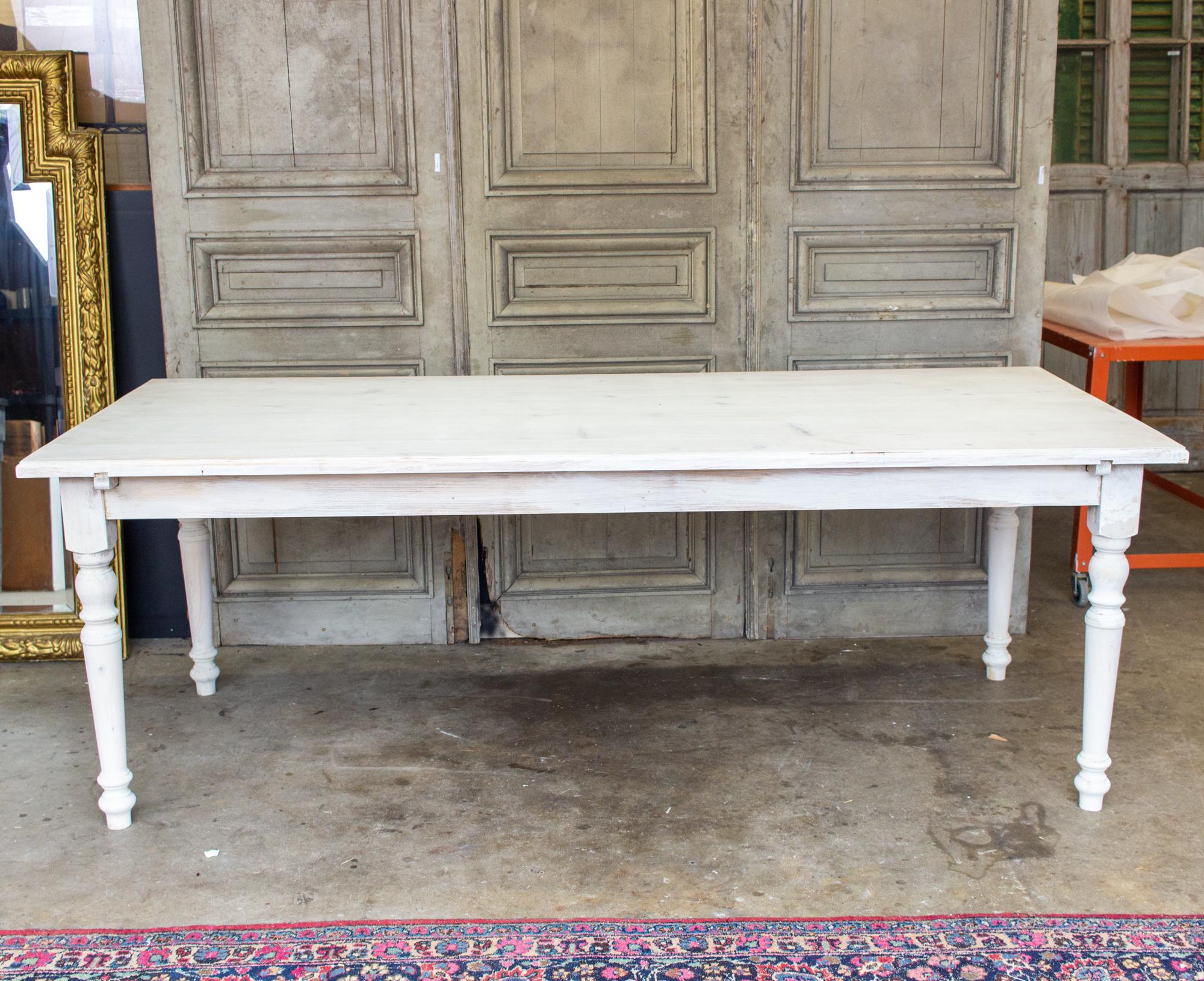 Large Pine Farm Table and Worktable with Drawer in Whitewash Painted Finish In Good Condition In Houston, TX