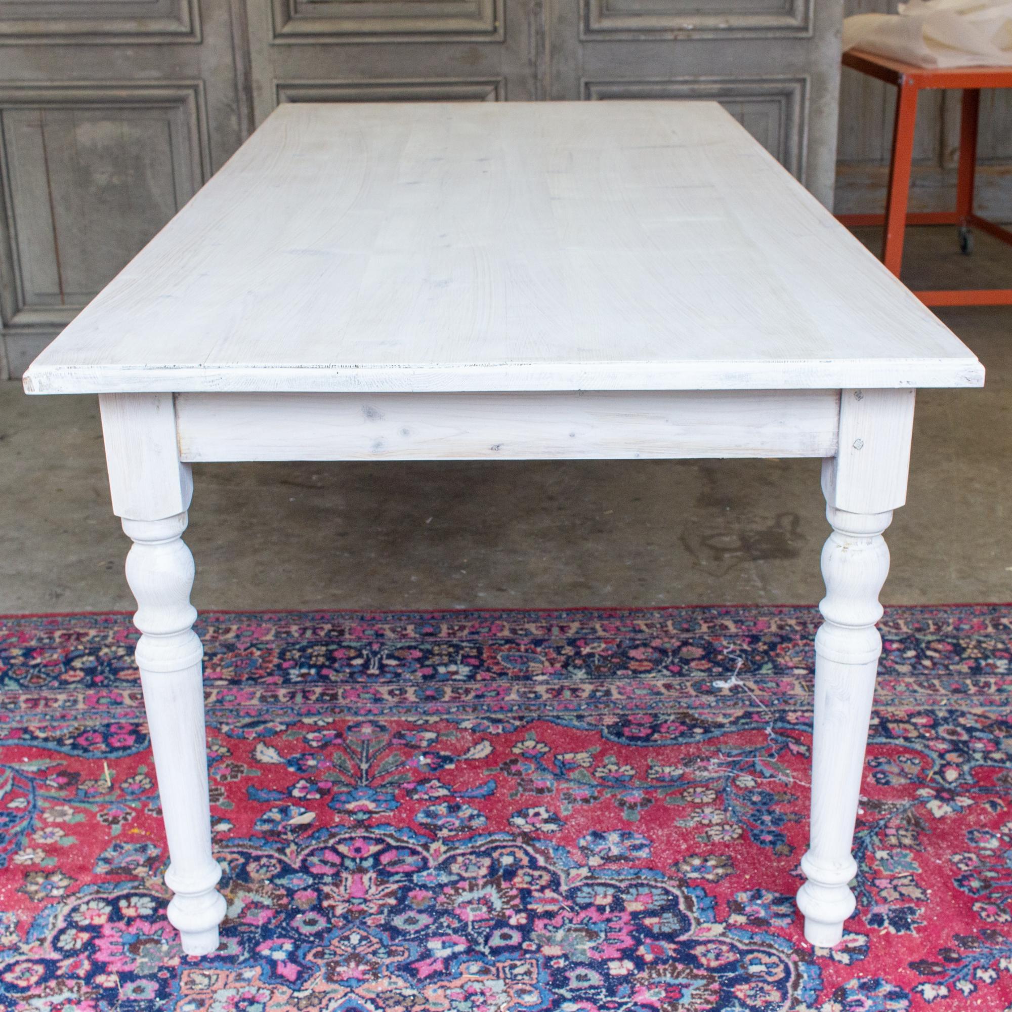 Early 20th Century Large Pine Farm Table and Worktable with Drawer in Whitewash Painted Finish