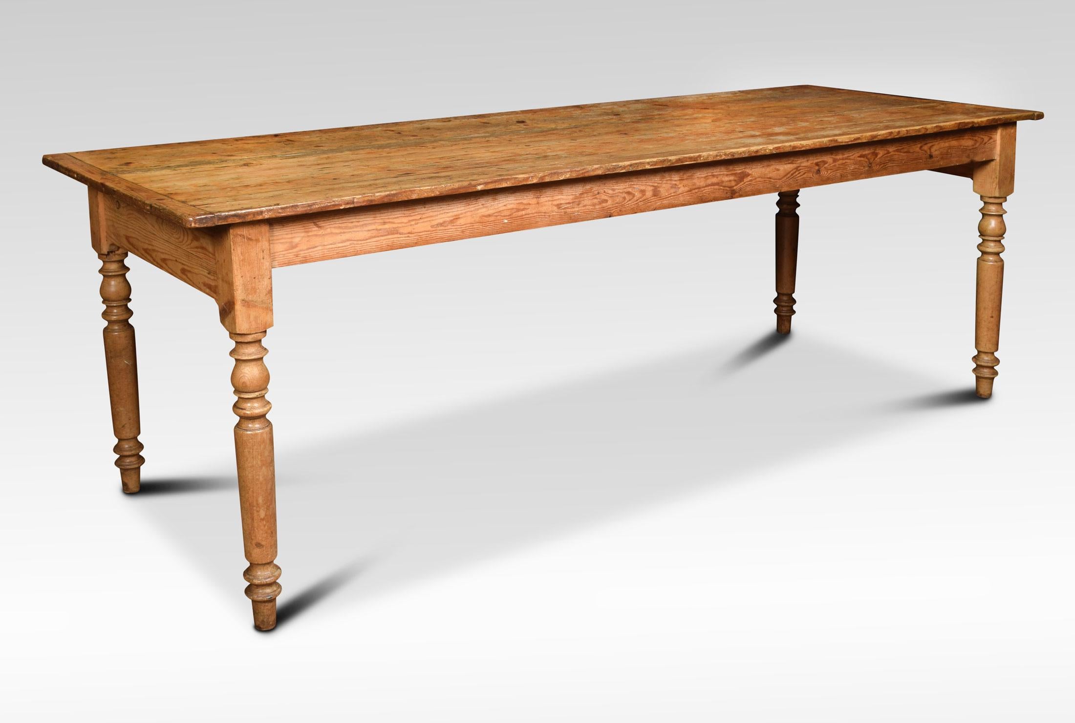 Pine dining table, the large rectangular top above a shallow frieze fitted with an end drawer. All raised up on four turned tapered legs (will seat 10 people)
Dimensions
Height 31 Inches
Width 90 Inches
Depth 30.5 Inches
