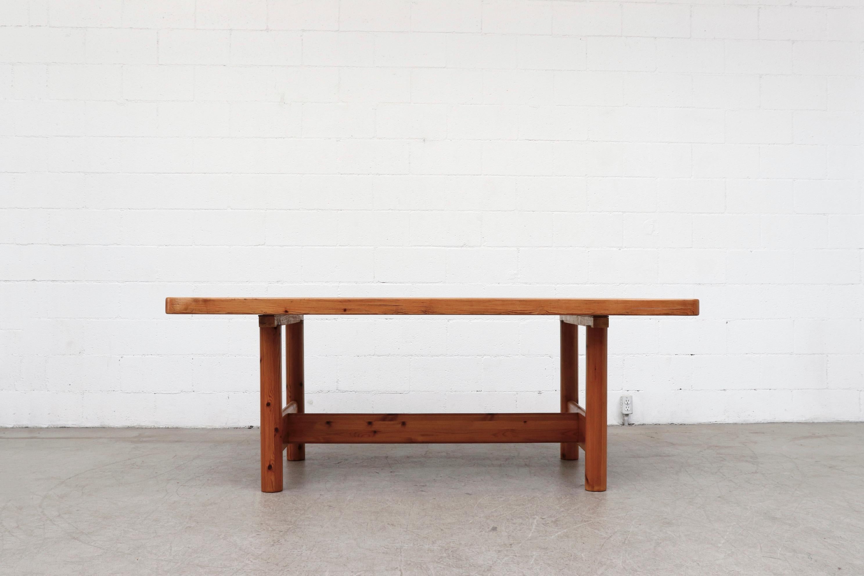 Large midcentury Rainer Daumiller pine dining table with trestle base. 1.5