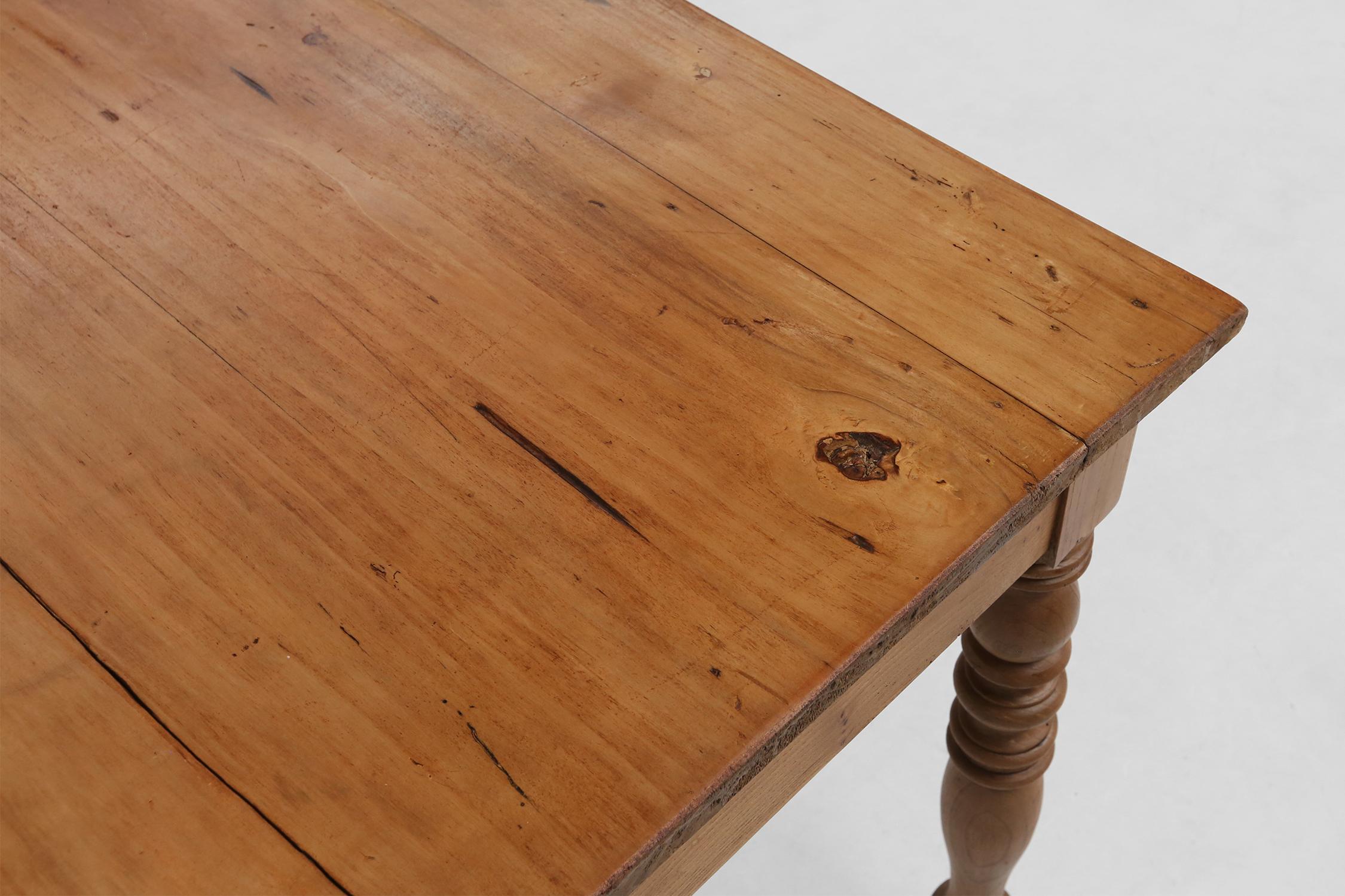 Large pine wood farm table with drawer and turned legs, France, 1850s For Sale 3