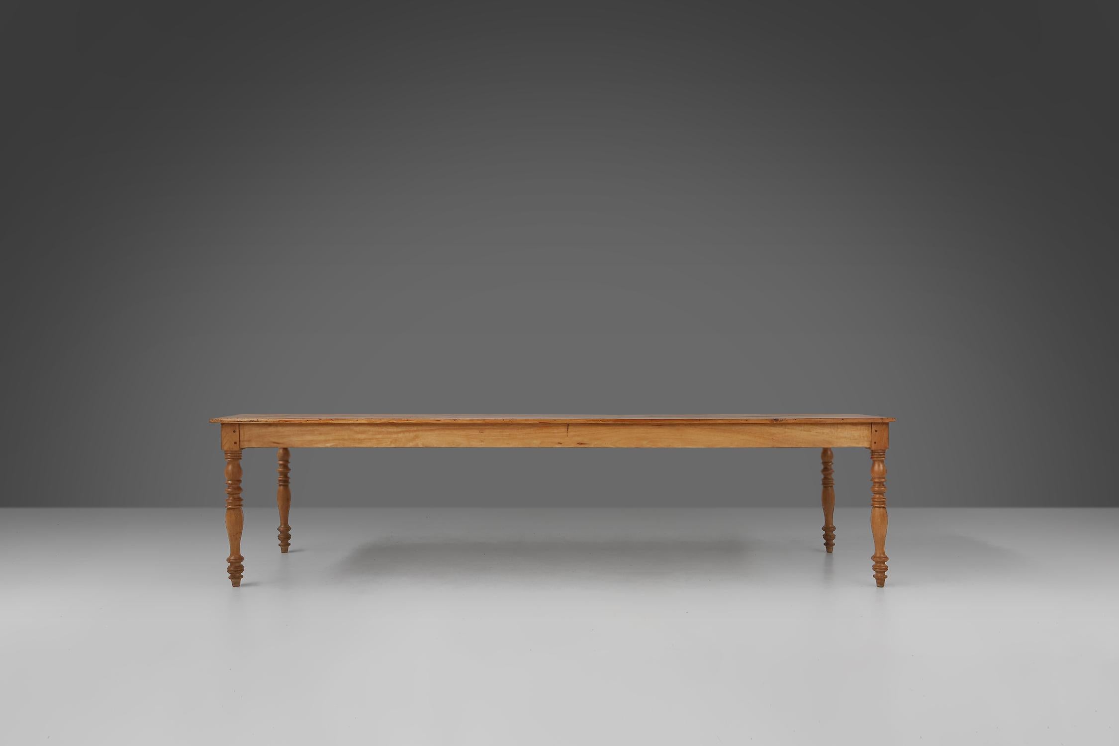 Large pine wood farm table with drawer and turned legs, France, 1850s 9