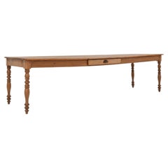 Antique Large pine wood farm table with drawer and turned legs, France, 1850s