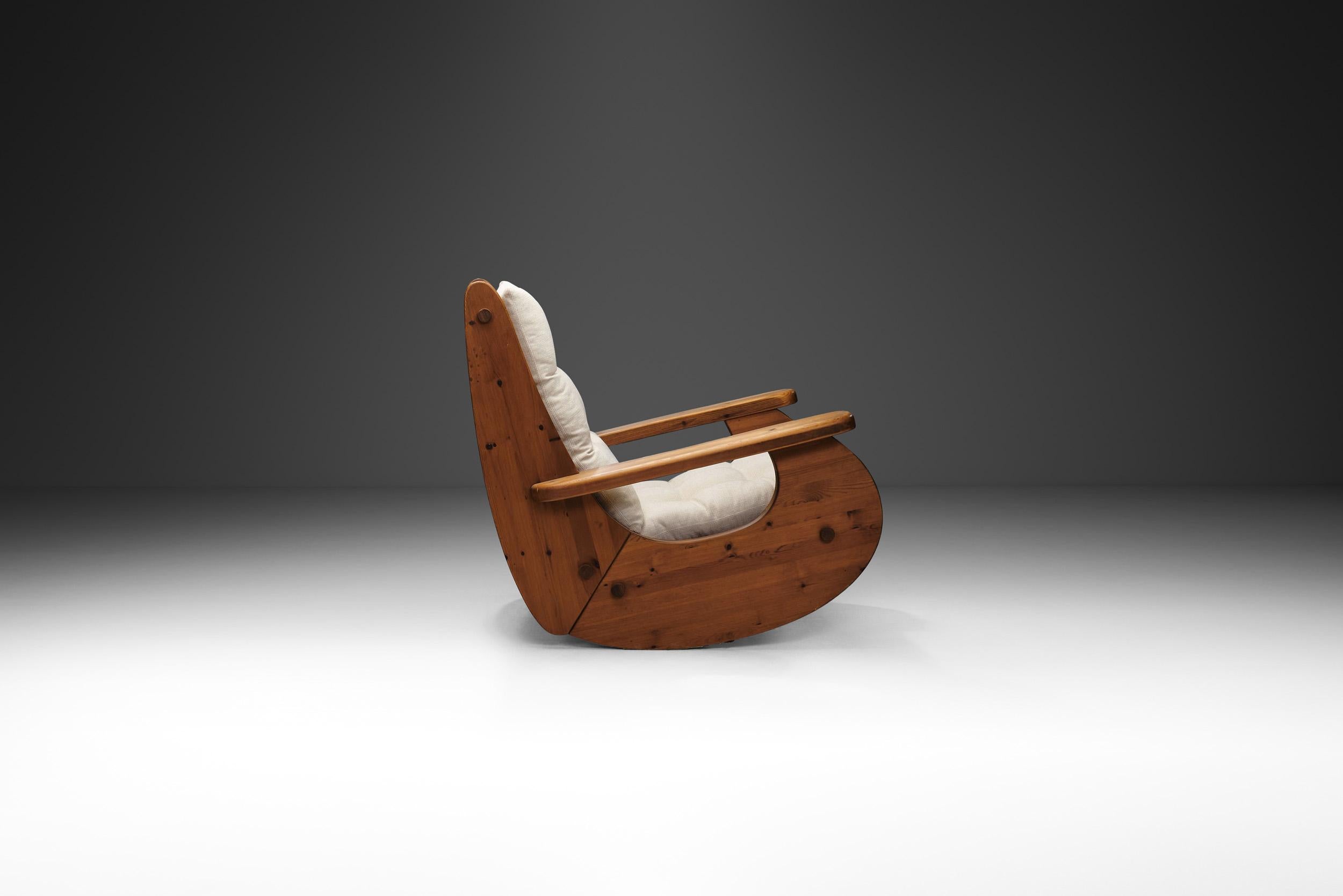 Brutalist Large Pine Wood Rocking Chair, The Netherlands 1970s For Sale