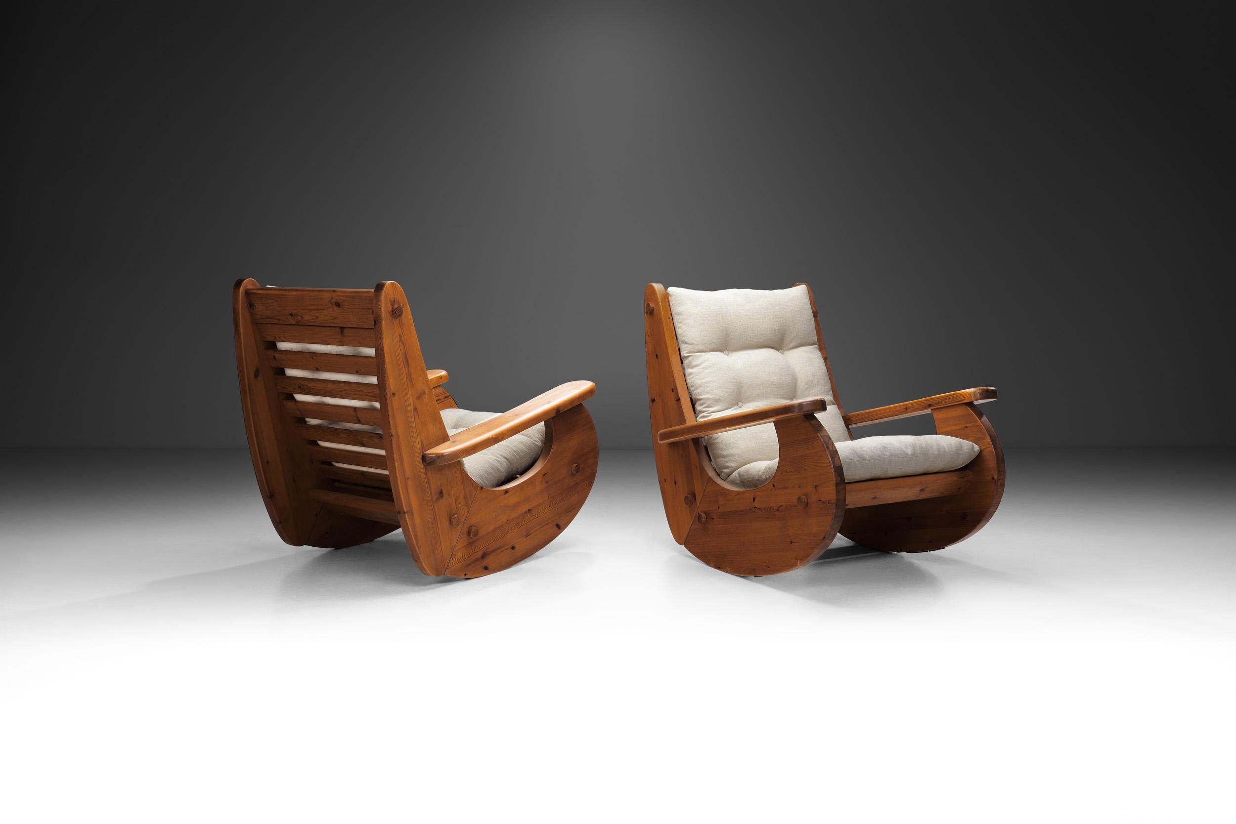 Brutalist Large Pine Wood Rocking Chairs, The Netherlands 1970s