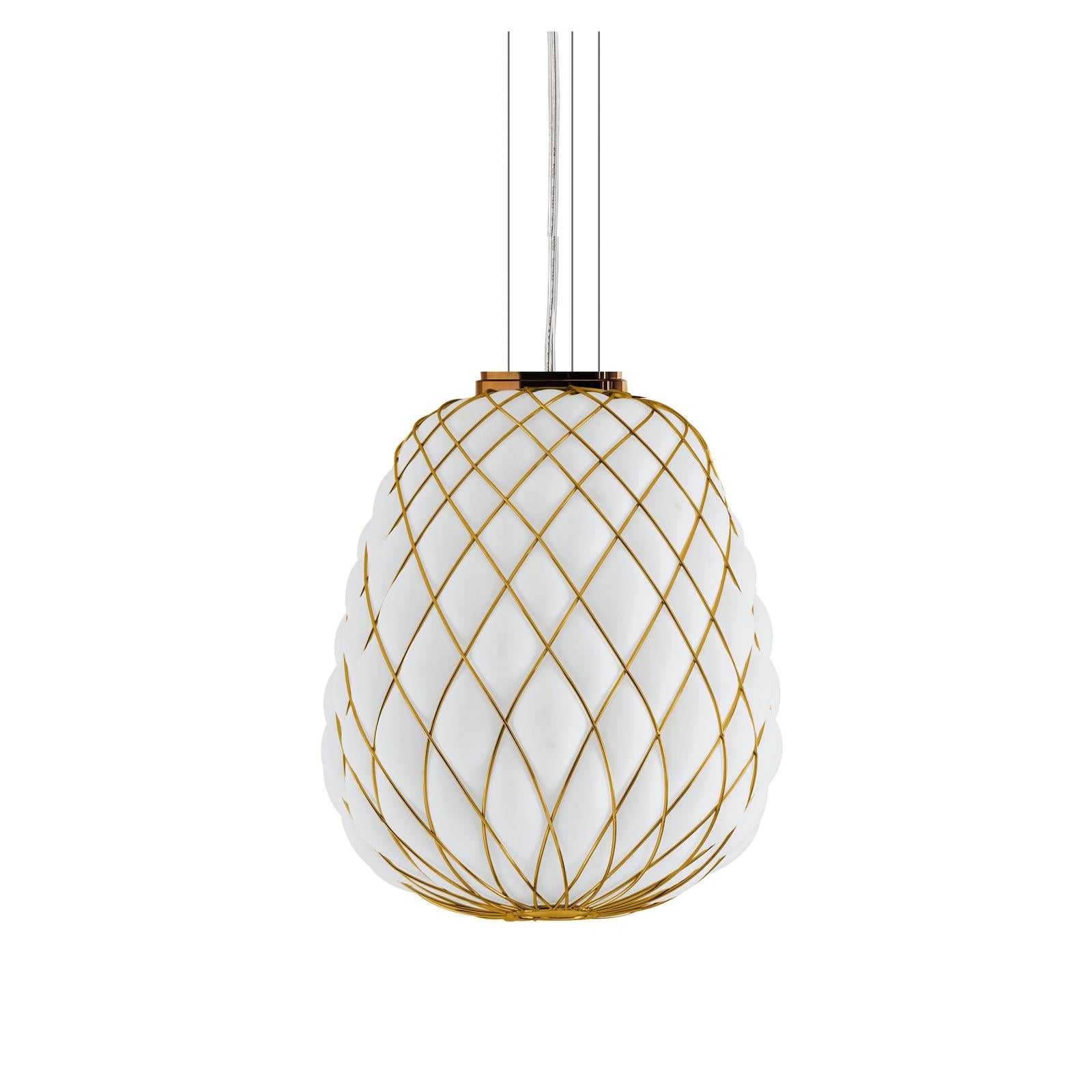 Large 'Pinecone' suspension lamp in opaline glass & gold metal for Fontana Arte. Designed by Paola Navone, the Pinecone comes in both a suspension and table lamp. The diffuser is manufactured using the ancient caged blown glass technique: the glass