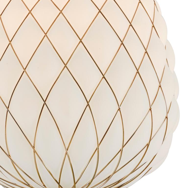 Mid-Century Modern Large 'Pinecone' Suspension Lamp in Opaline Glass & Gold Metal for Fontana Arte