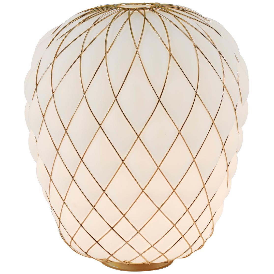 Contemporary Large 'Pinecone' Suspension Lamp in Opaline Glass & Gold Metal for Fontana Arte
