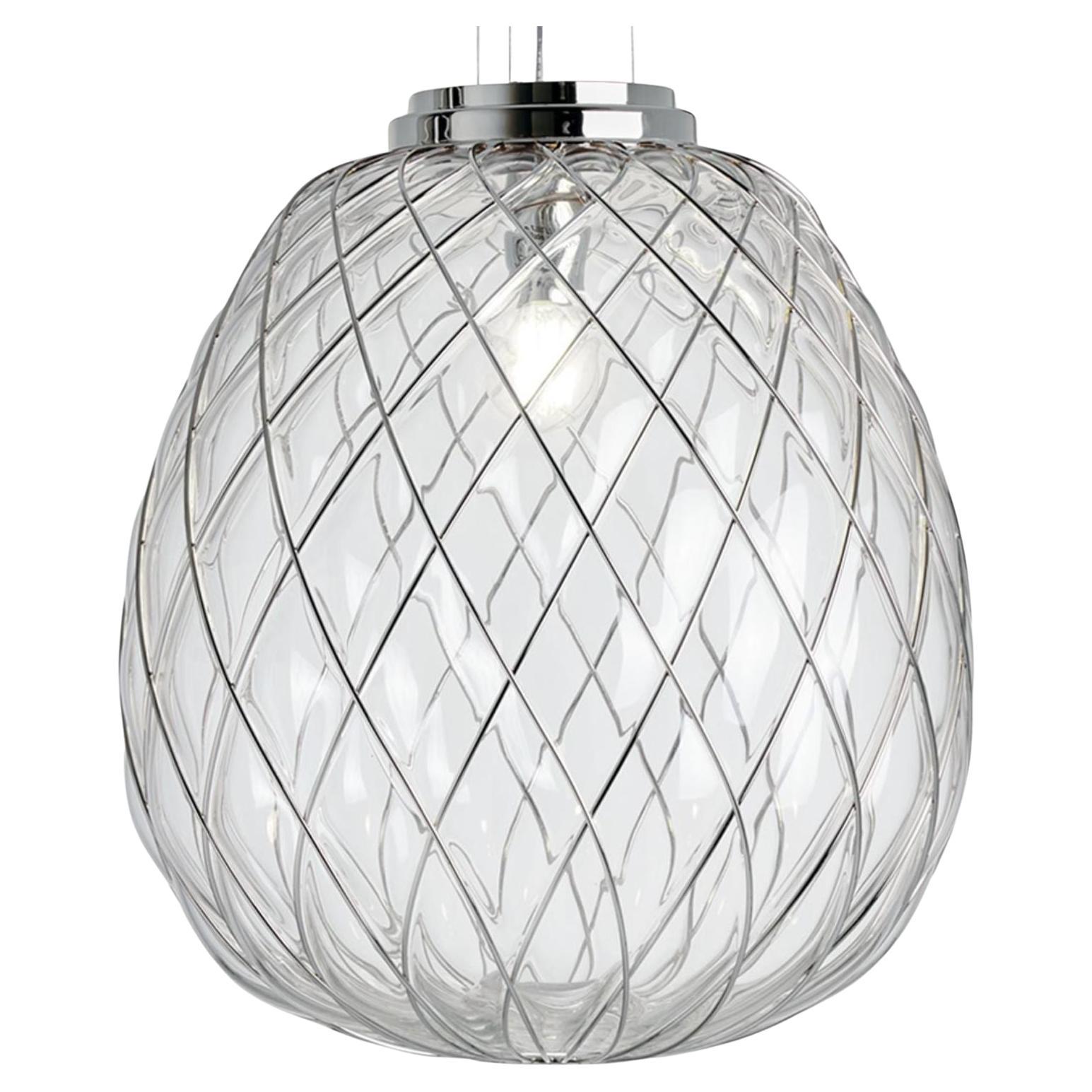 Large 'Pinecone' Suspension Lamp in Transparent Glass & Chrome for Fontana Arte