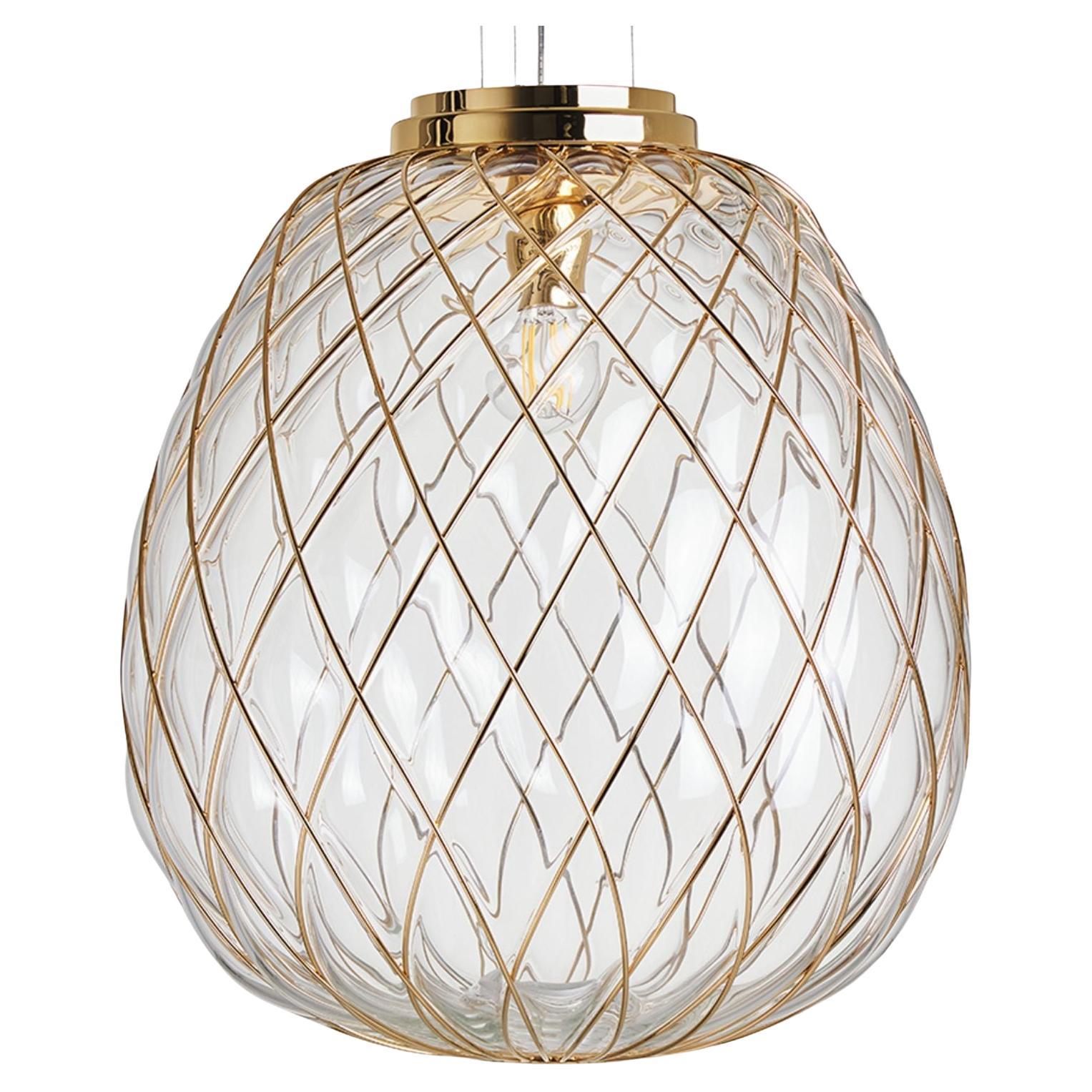 Large 'Pinecone' Suspension Lamp in Transparent Glass & Gold for Fontana Arte